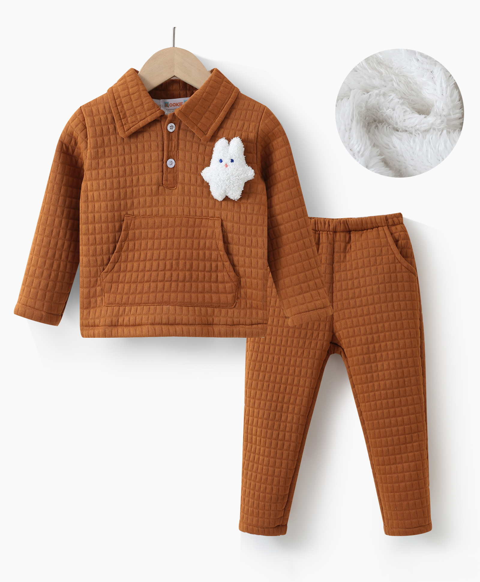Kookie Kids Full Sleeves Winter T-Shirt & Lounge Pant Set With Animal Applique & Kangaroo Pockets - Brown-picture-20