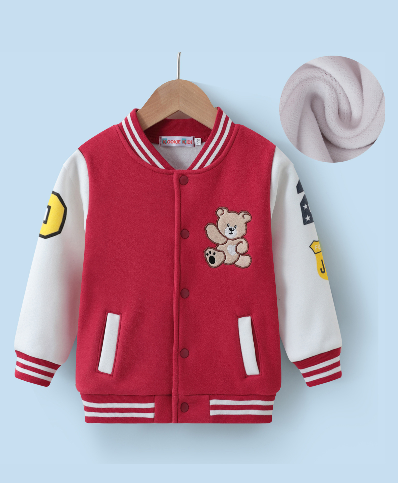 Kookie Kids Full Sleeves Bomber Jacket with Teddy Applique - Dark Red-image-4
