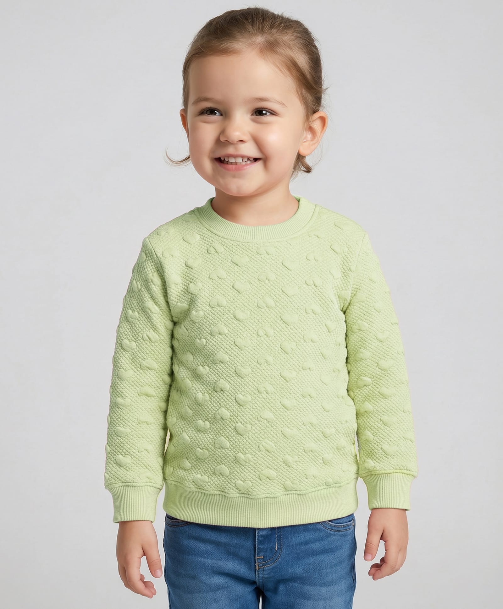 Doreme Cotton Knit Full Sleeves Sweatshirt With Solid Colour & Embossed Heart Design - Green-picture-23