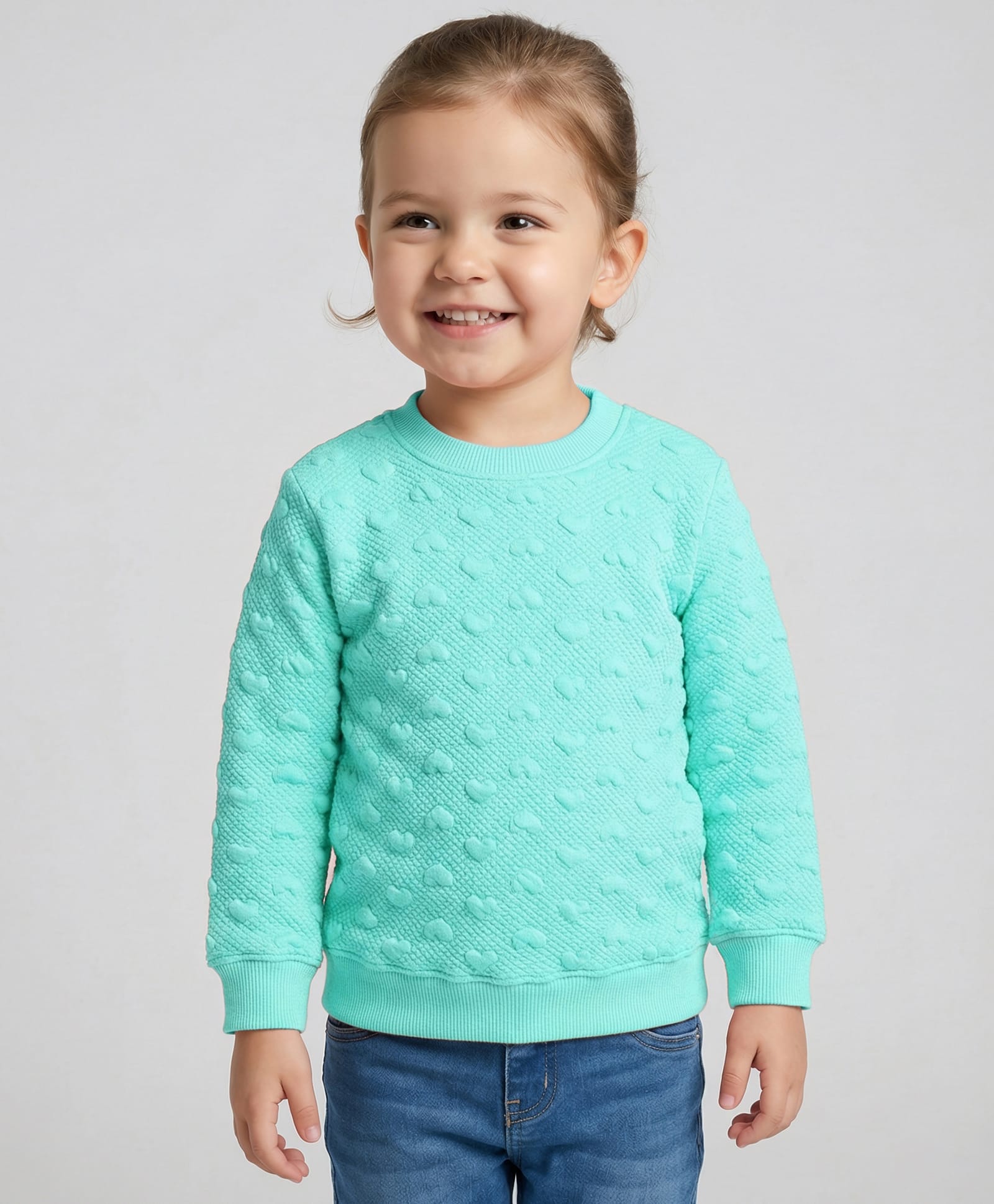 Doreme Cotton Knit Full Sleeves Sweatshirt With Solid Colour & Embossed Heart Design - Aqua Blue-image-15