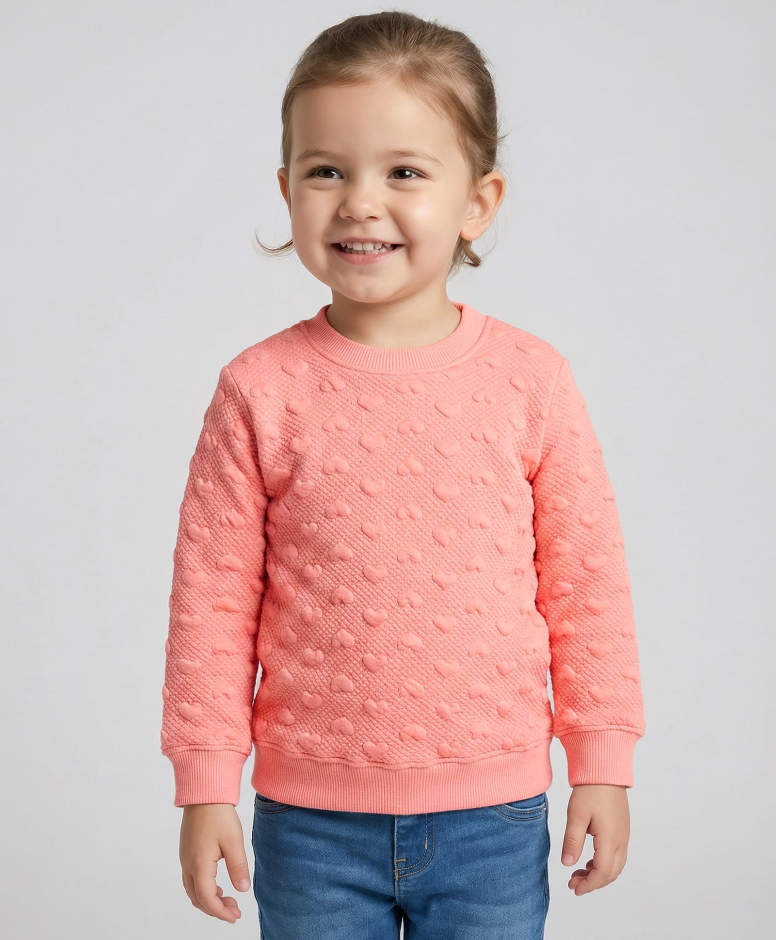 Doreme Cotton Knit Full Sleeves Sweatshirt With Solid Colour & Embossed Heart Design - Peach-image-12