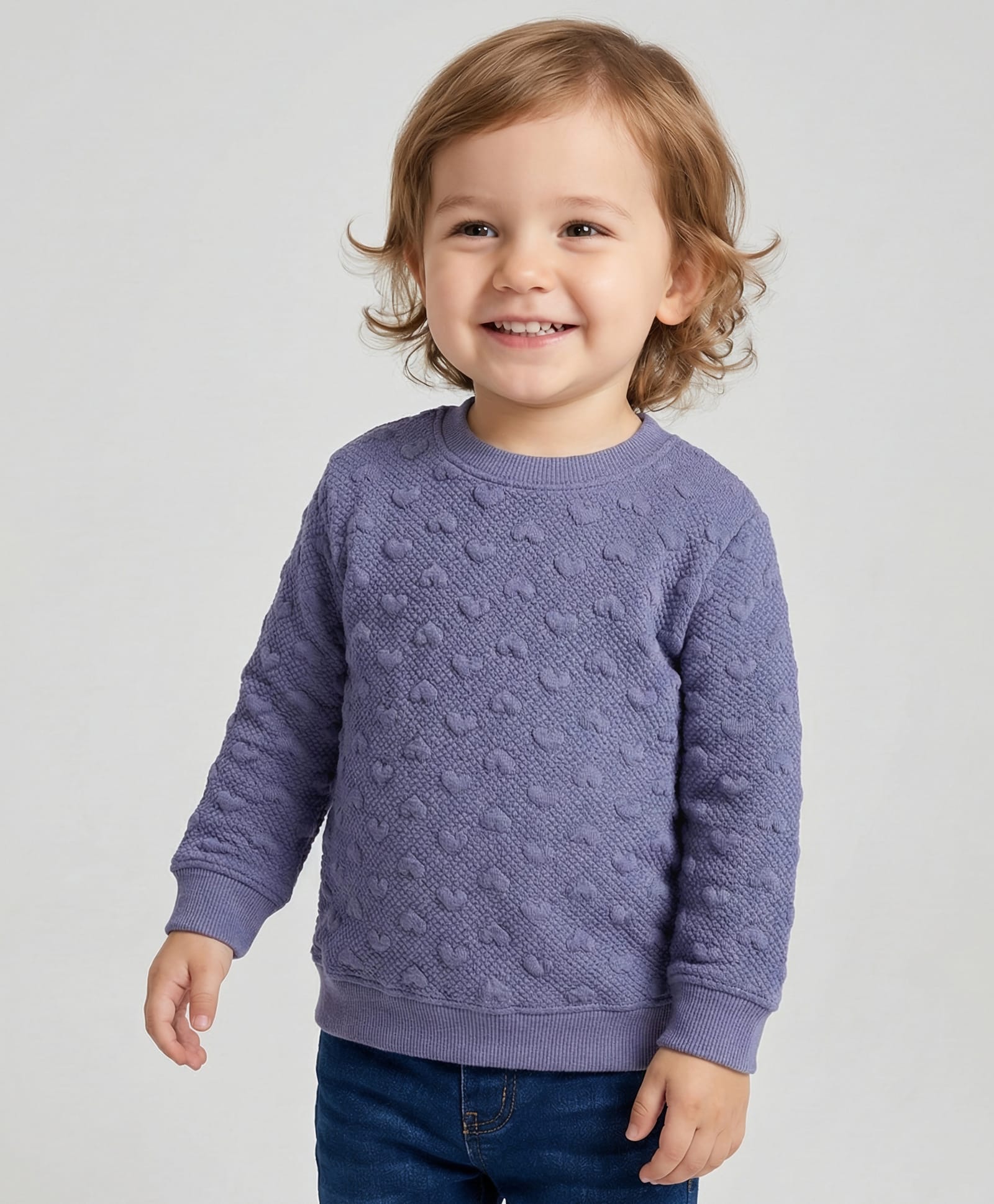 Doreme Cotton Knit Full Sleeves Sweatshirt With Solid Colour & Embossed Heart Design - Blue-image-2