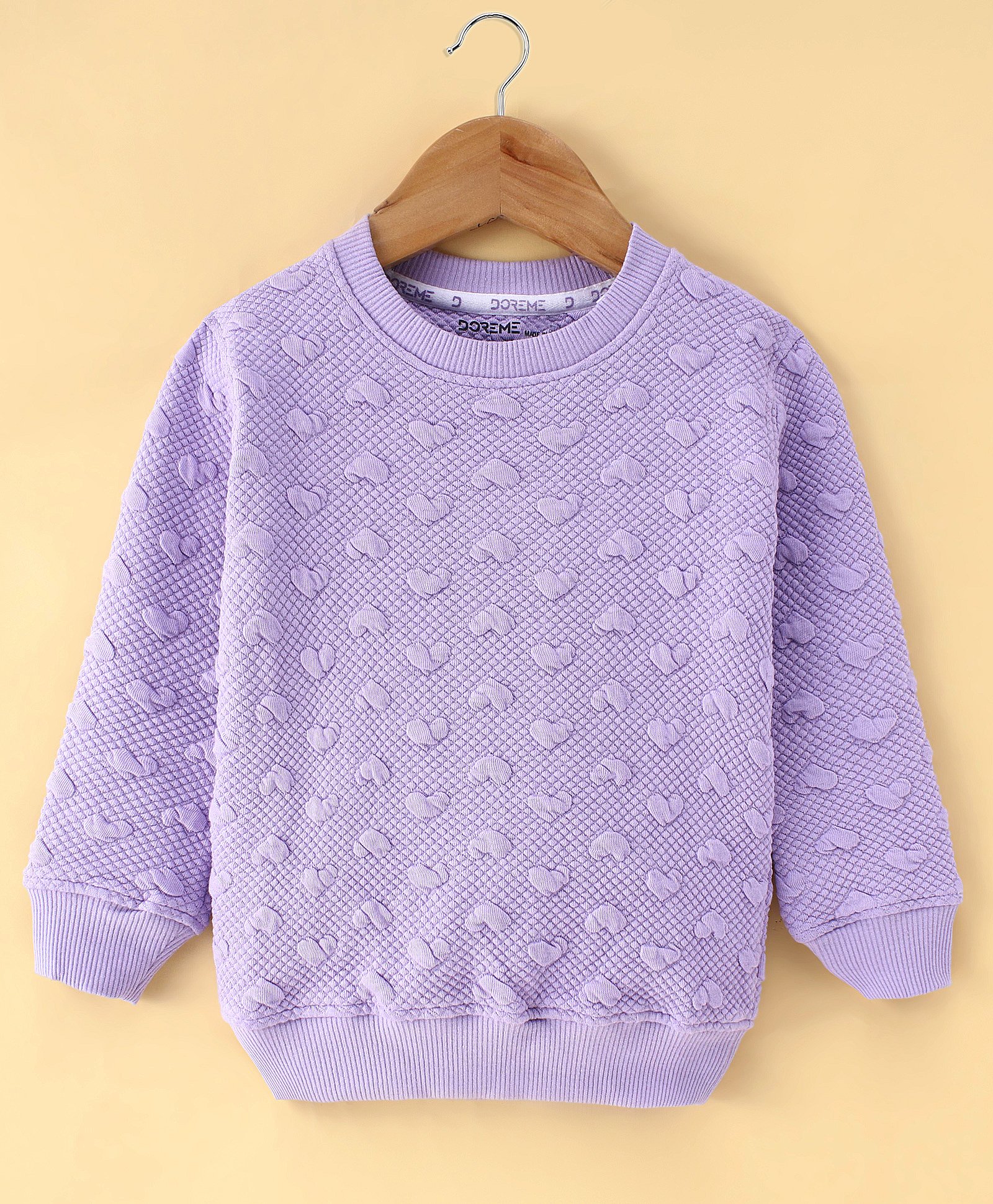 Doreme Cotton Knit Full Sleeves Sweatshirt With Solid Colour & Embossed Heart Design - Lilac-image-25