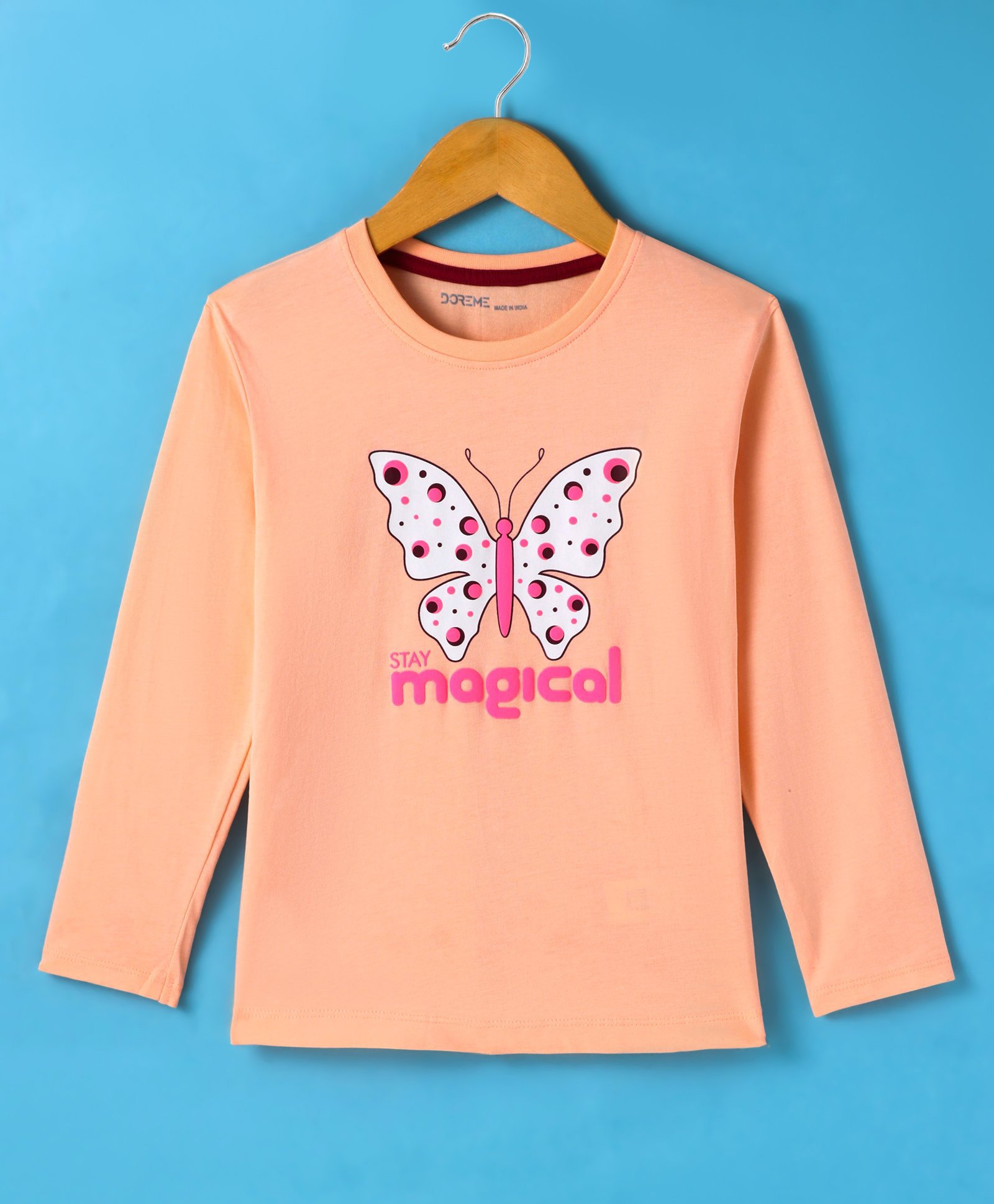 Doreme Single Jersey Knit Full Sleeves Butterfly Printed T-Shirt - Light Peach-image-46