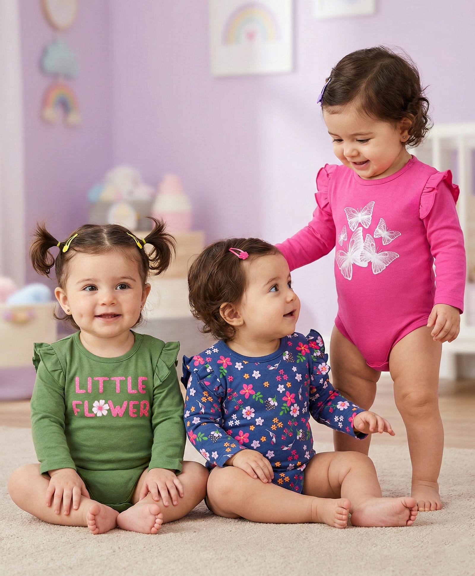 Babyoye Eco Conscious 100% Cotton Knit FullSleeves Onesies Floral & Butterfly Print Pack of 3 - Pink Green & Blue-picture-34