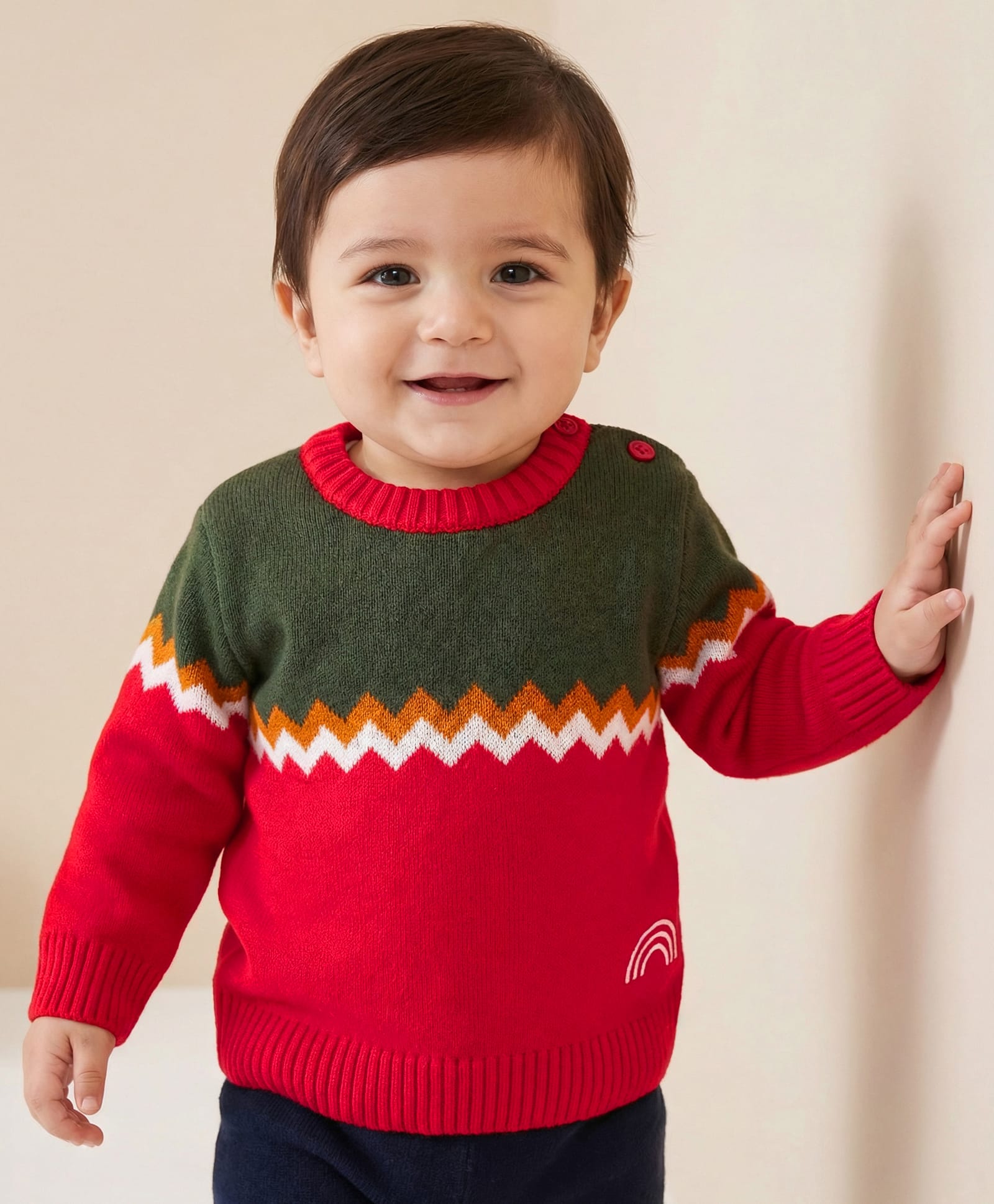 Doodle Poodle Knitted Full Sleeves Pullover Sweater with Colour Block & Jacquard Knit Design - Red & Green-picture-32