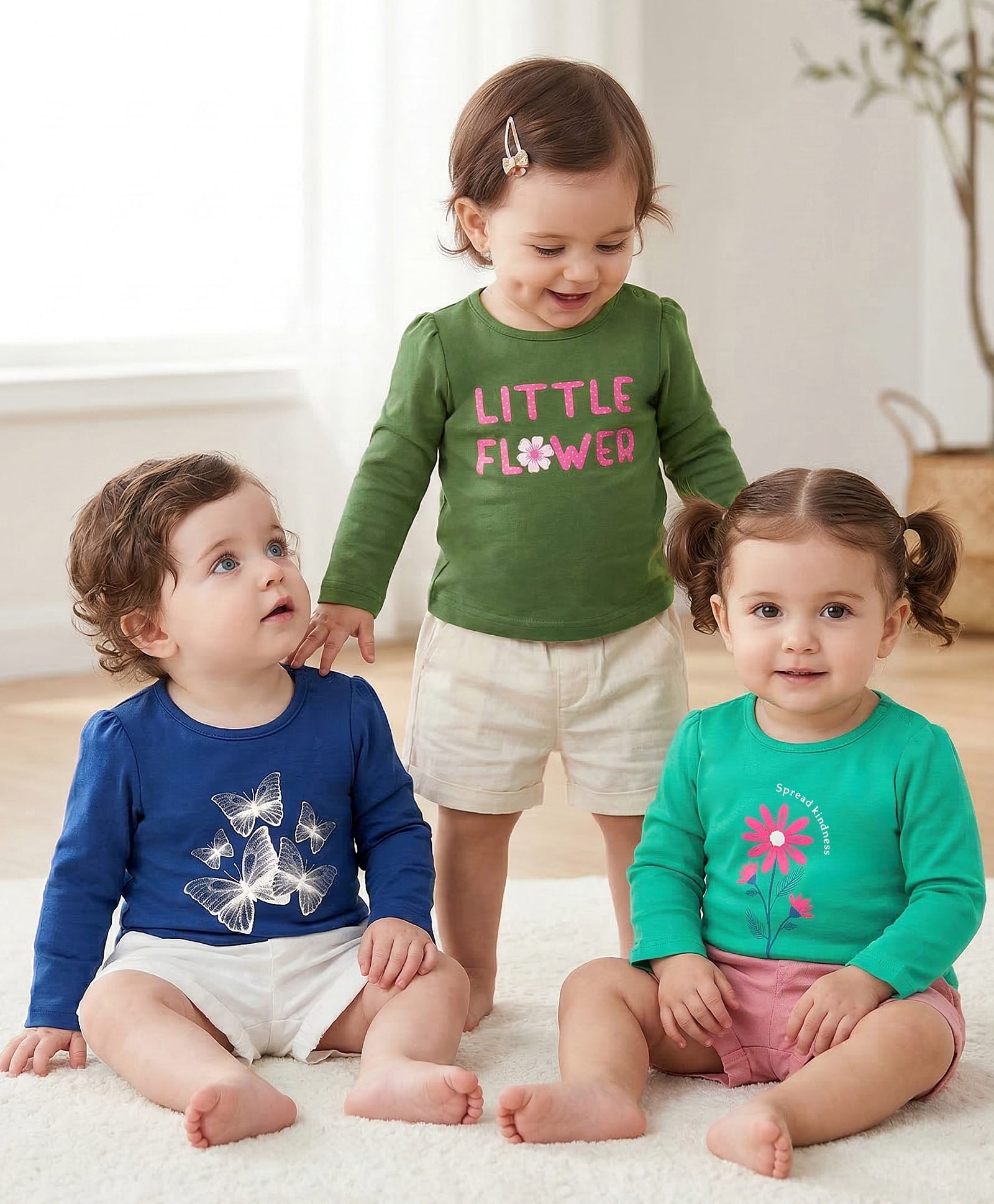 Babyoye Eco Conscious 100% Cotton Knit Full Sleeves Tops With Butterfly Floral & Text Print Pack of 3 - Navy Blue Dark Green & Sea Green-image-11