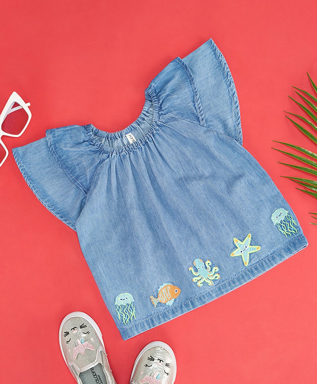 Pantaloons Baby Half Sleeves Sea Life Creatures Embroidered Top - Blue-image-37