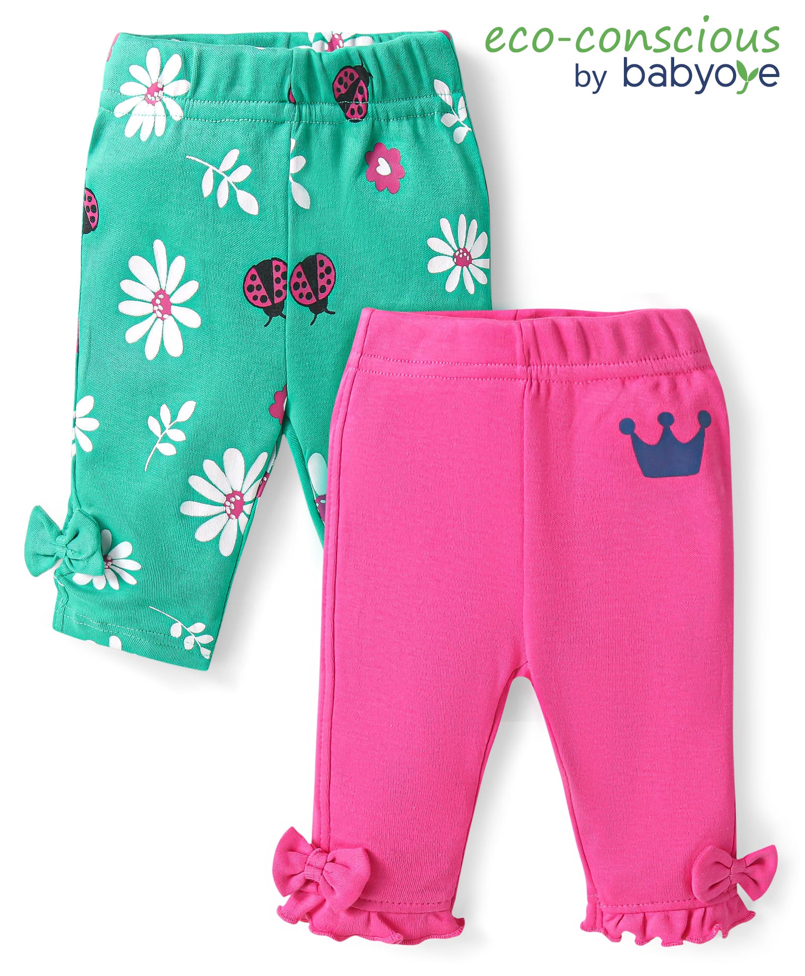 Babyoye Eco Conscious 100% Cotton Knit Full Length Floral & Crown Print Leggings Pack of 2 -Green & Pink-picture-11