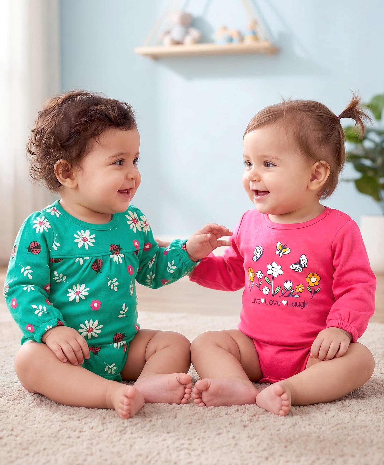 Babyoye 100% Cotton Knit Eco Conscious HalfSleeves Floral Printed Onesies Pack of 2 - Dark Pink & Turquoise-image-22