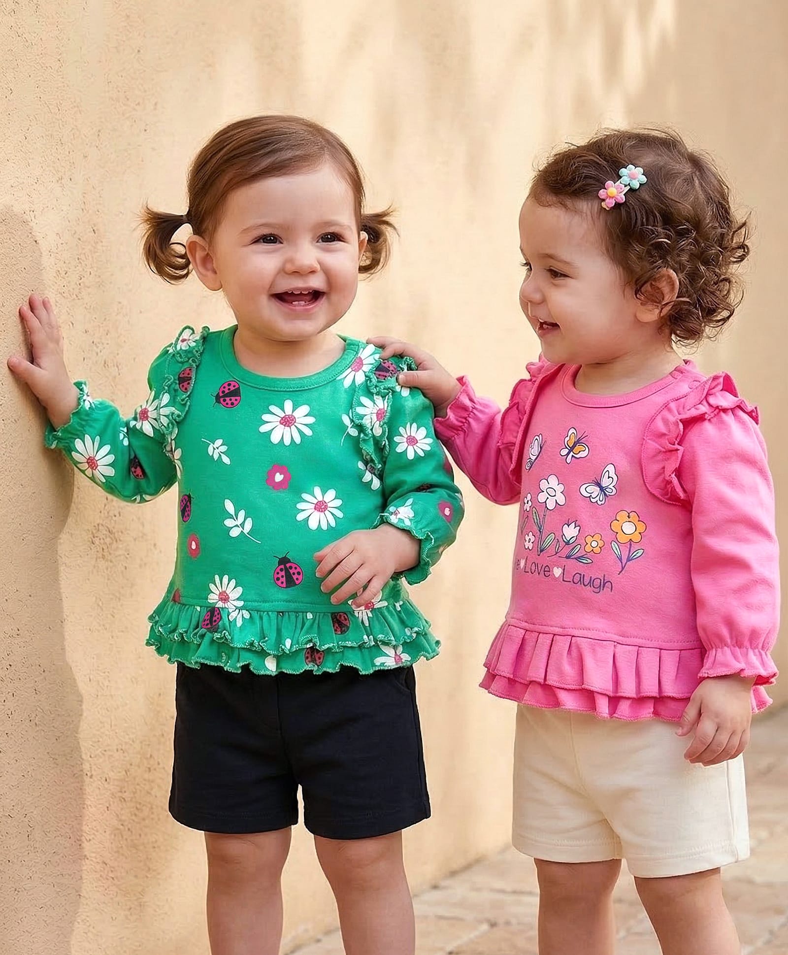 Babyoye Eco Conscious 100% Cotton Full Sleeves Tops With Floral Print & Frill Detailing Pack of 2 - Dark Pink & Green-image-13