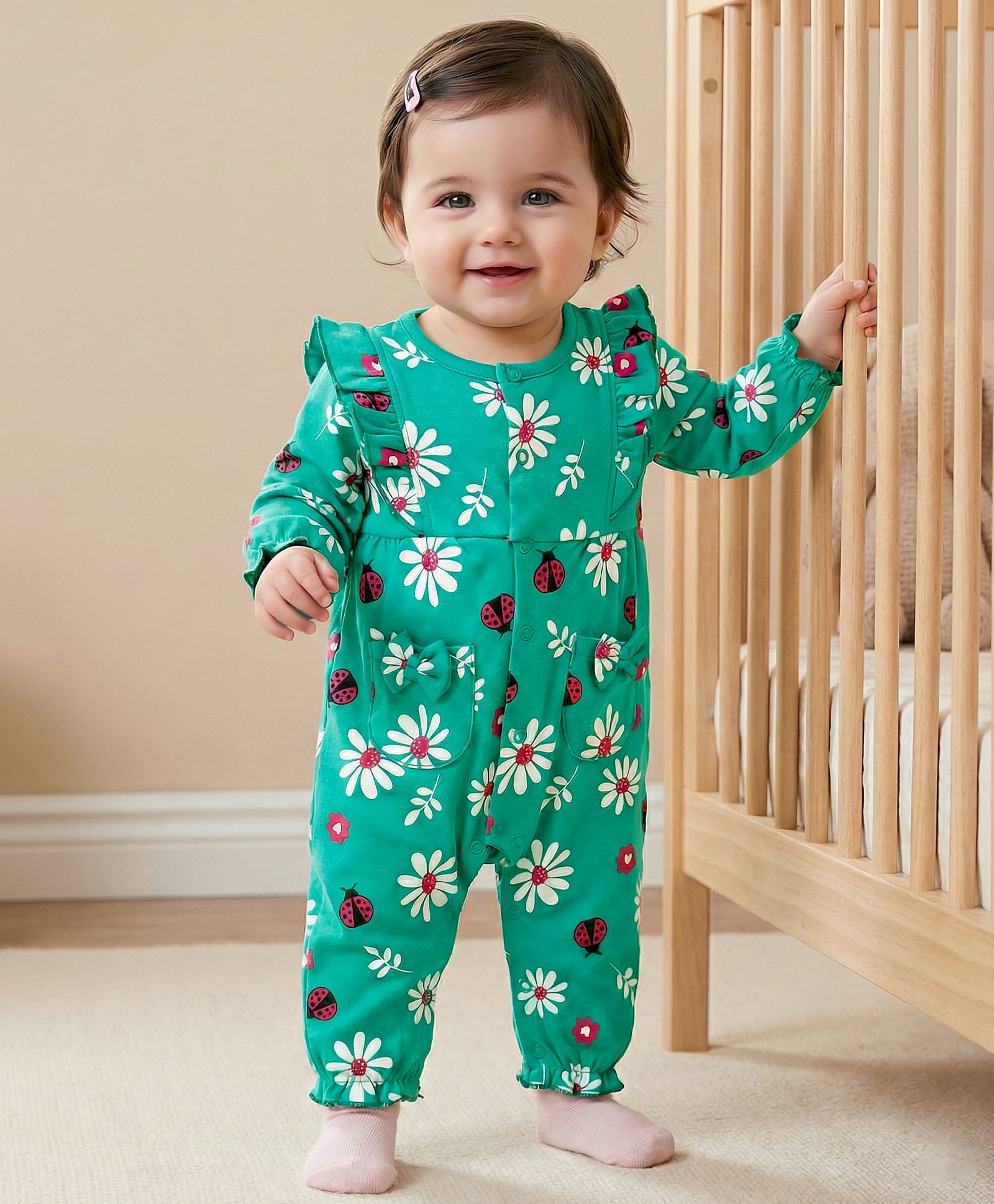 Babyoye Eco Conscious 100% Cotton Knit Half Sleeves Romper with Floral Print & Frill Detailing - Turquoise