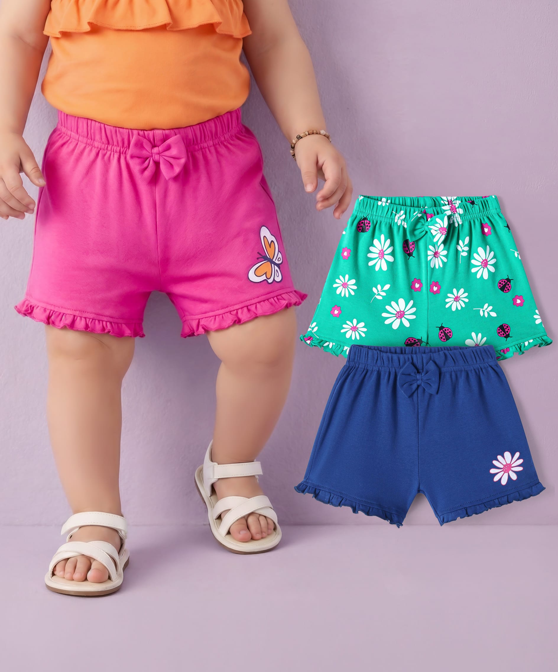 Babyoye Cotton Knit Eco ConsciousShorts with Floral Print & Bow Applique Pack of 3 -Pink Navy & Green-picture-12
