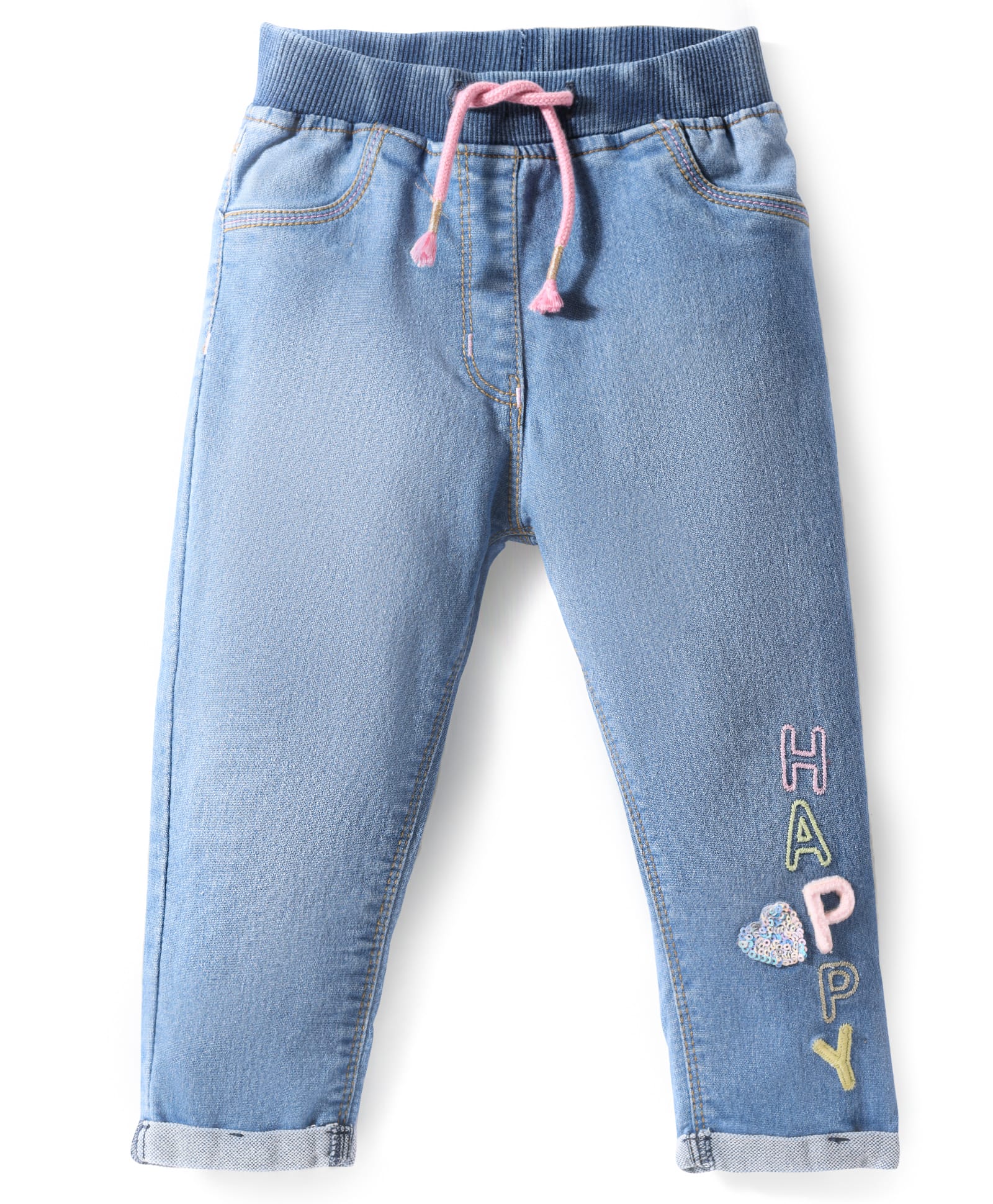 Little Kangaroos Denim Knit Full Length Washed Jeans With Text Embroidery - Light Blue-picture-18