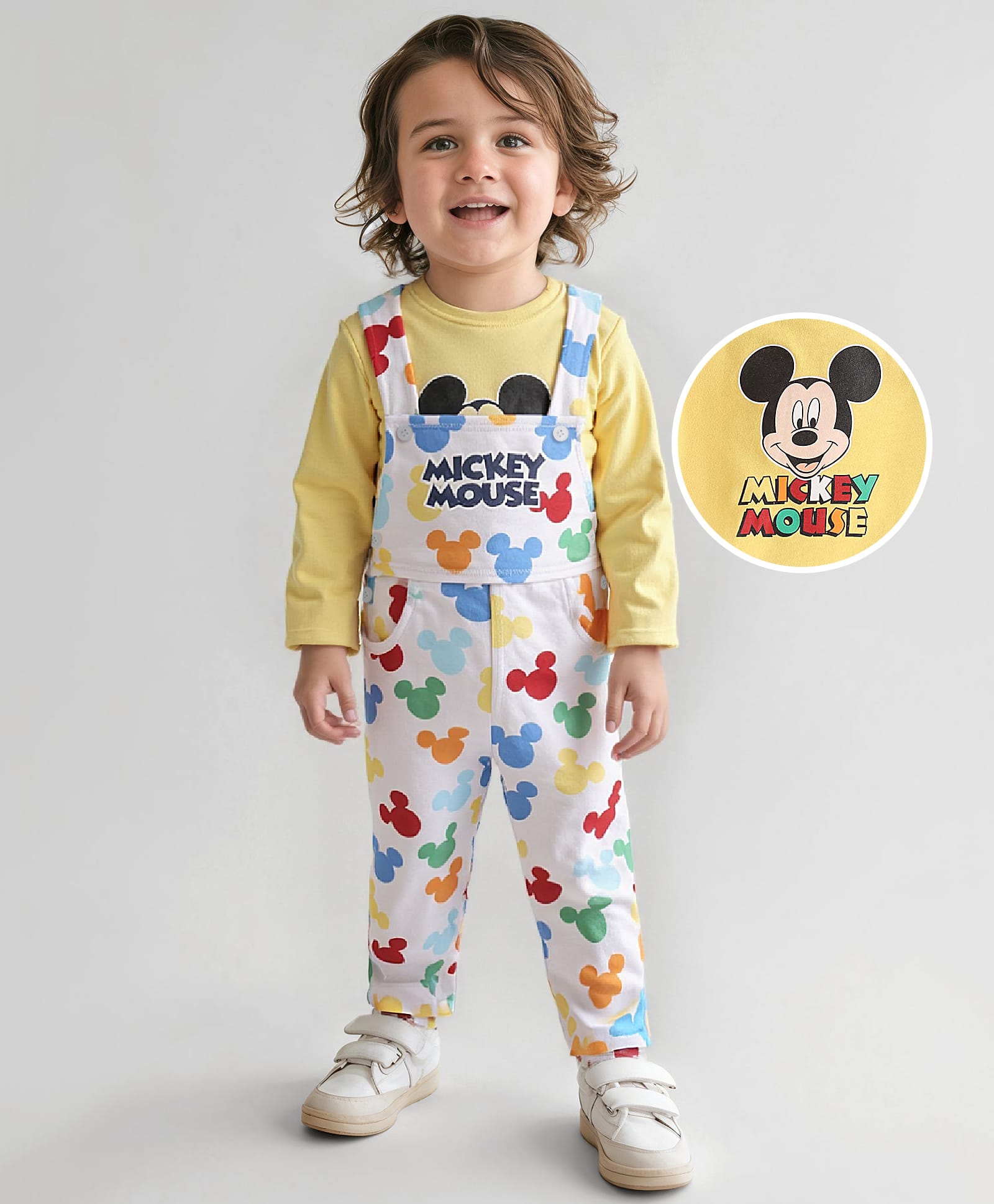 Babyhug Disney Single Jersey Knit Full Sleeves Mickey Mouse Printed T-Shirt &Full Length Dungaree - White & Yellow-picture-14