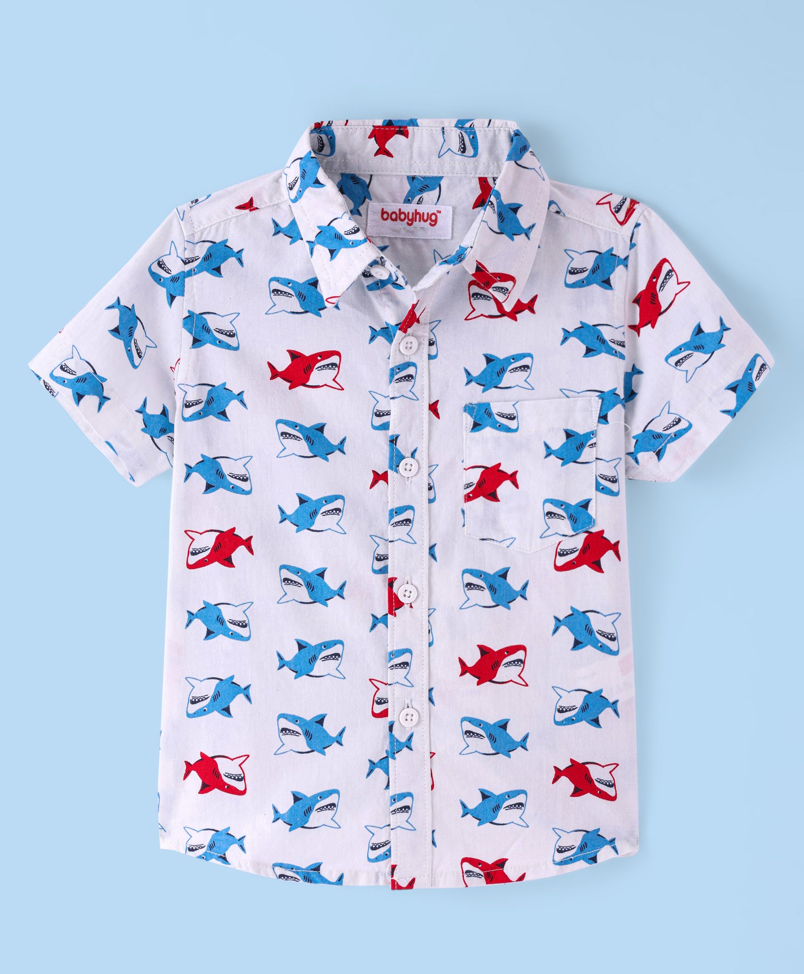 Babyhug Cotton Woven Half Sleeves Shirt With Shark Print - White-picture-18