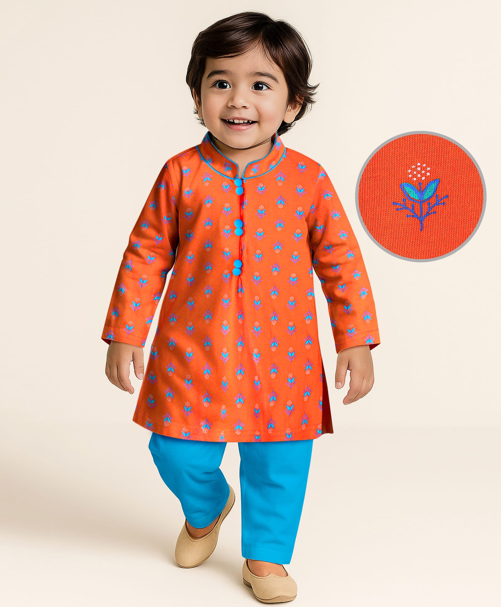 EARTHY TOUCH Single Jersey Knit Full Sleeves Floral Print Kurta with Solid Color Pajama Set - Orange & Blue-image-40