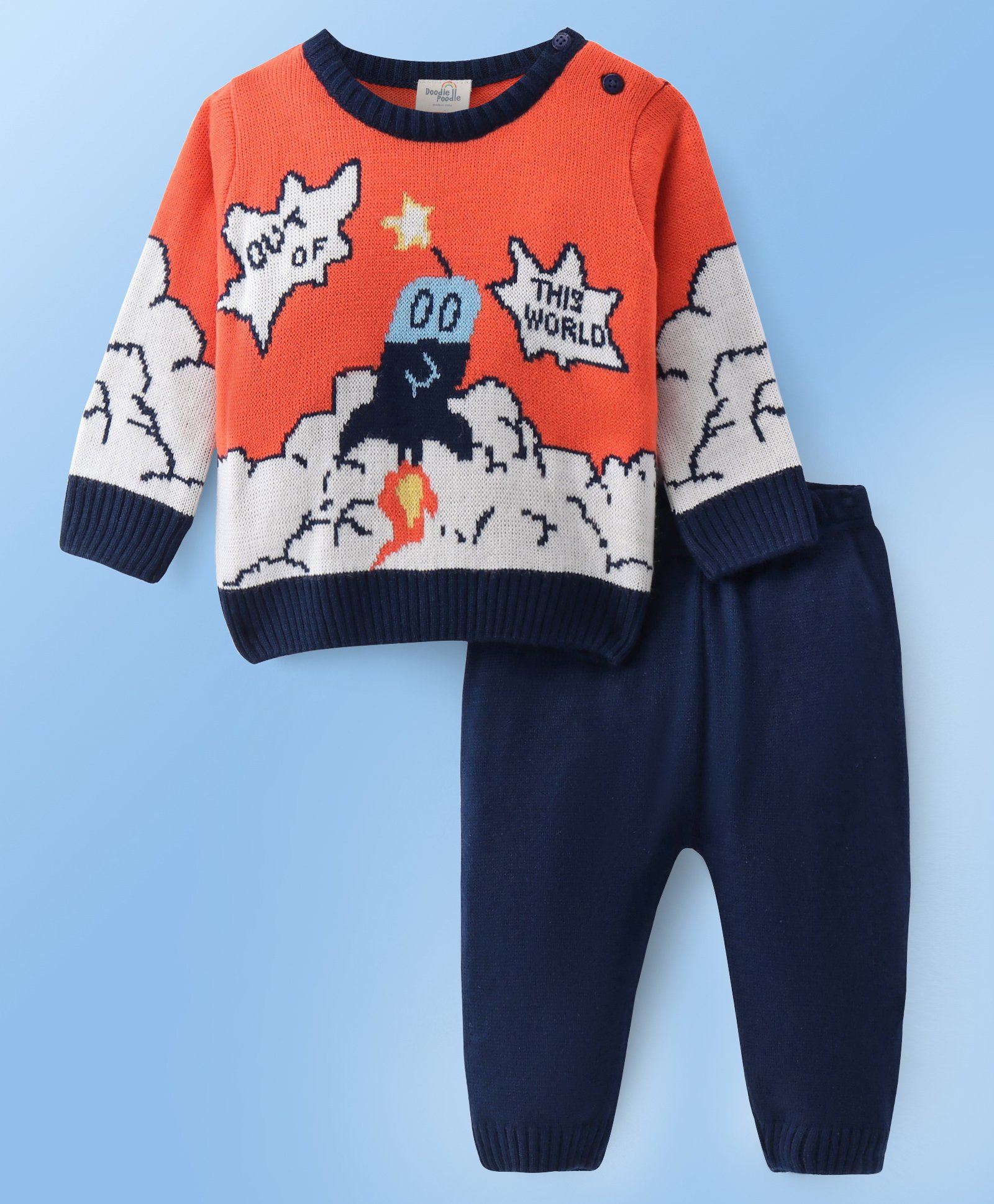 Doddle Poodle Knitted Full Sleeves Pullover Sweater Set with Crackers Design - Orange & Navy Blue-image-42
