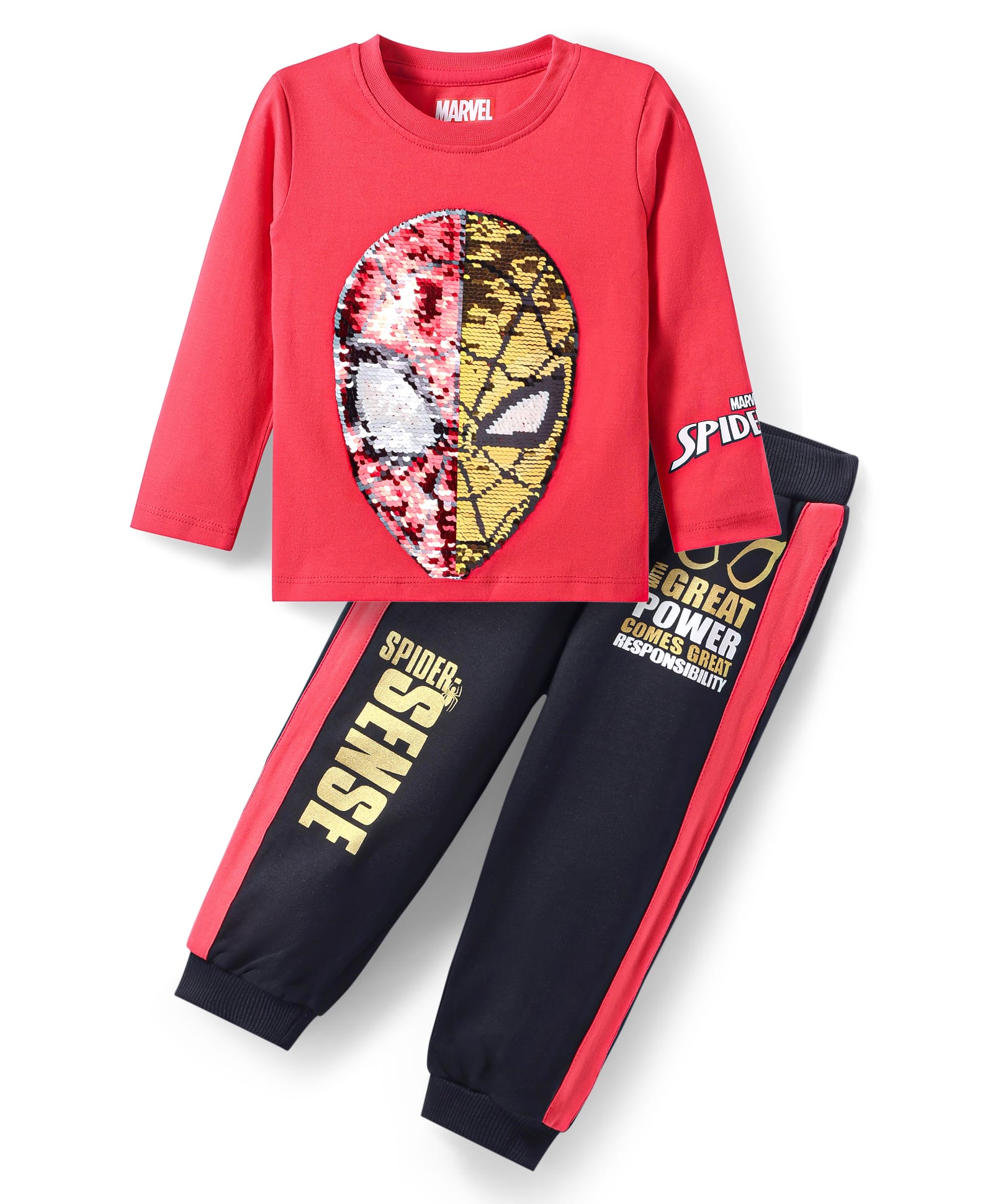Babyhug Marvel Single Jersey Knit Full Sleeves T-Shirt & Lounge Pant Set WithReversible Spider-man Sequins Detailing - Red & Black-image-8