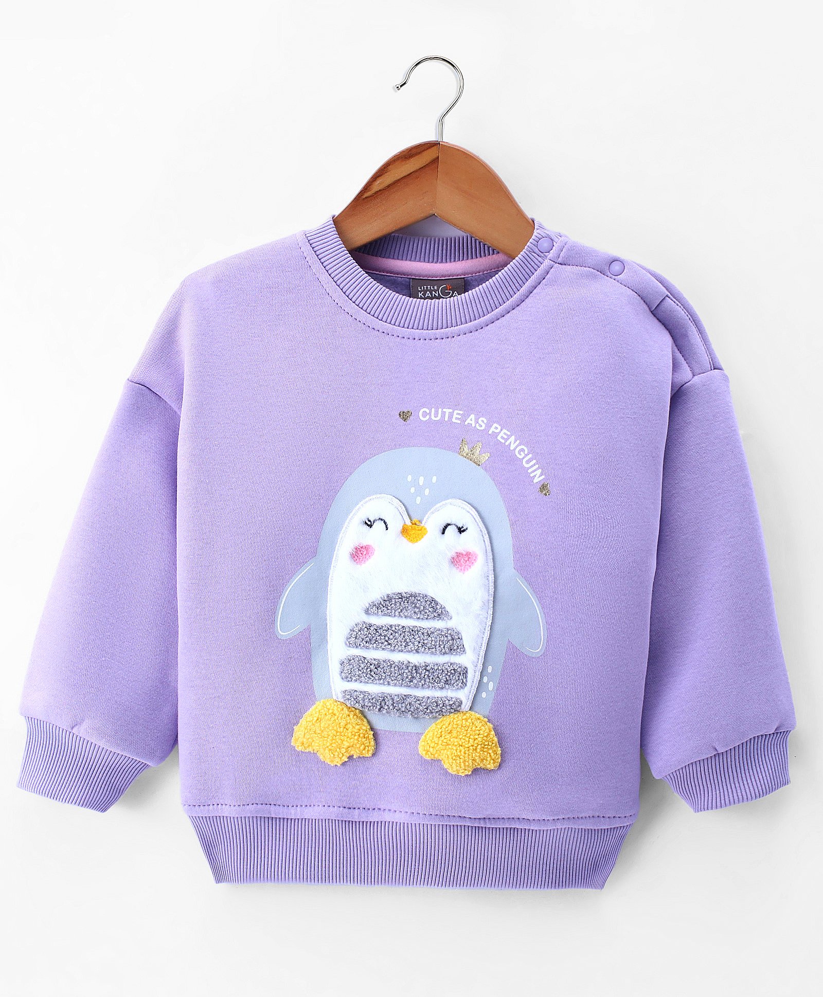Little Kangaroos Cotton Fleece Knit Full Sleeves Drop Shoulder Sweatshirt with Penguin Patch Detailing - Lilac-image-27