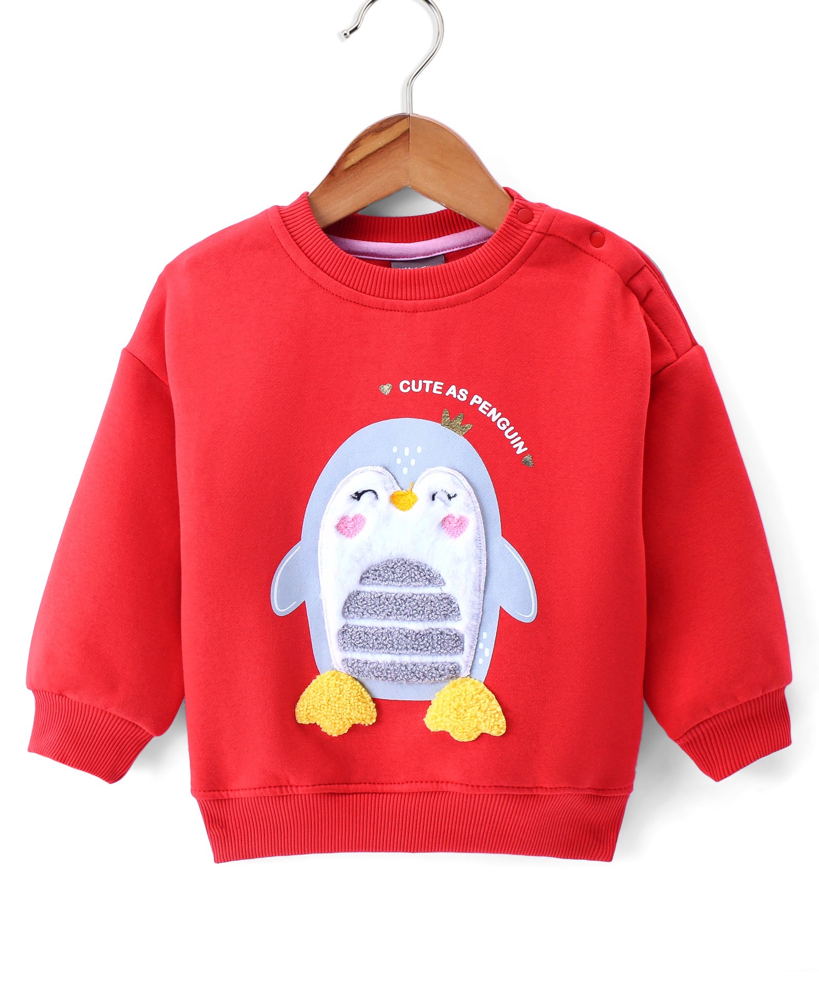 Little Kangaroos Cotton Fleece Knit Full Sleeves Drop Shoulder Sweatshirt with Penguin Patch Detailing - Red-image-9