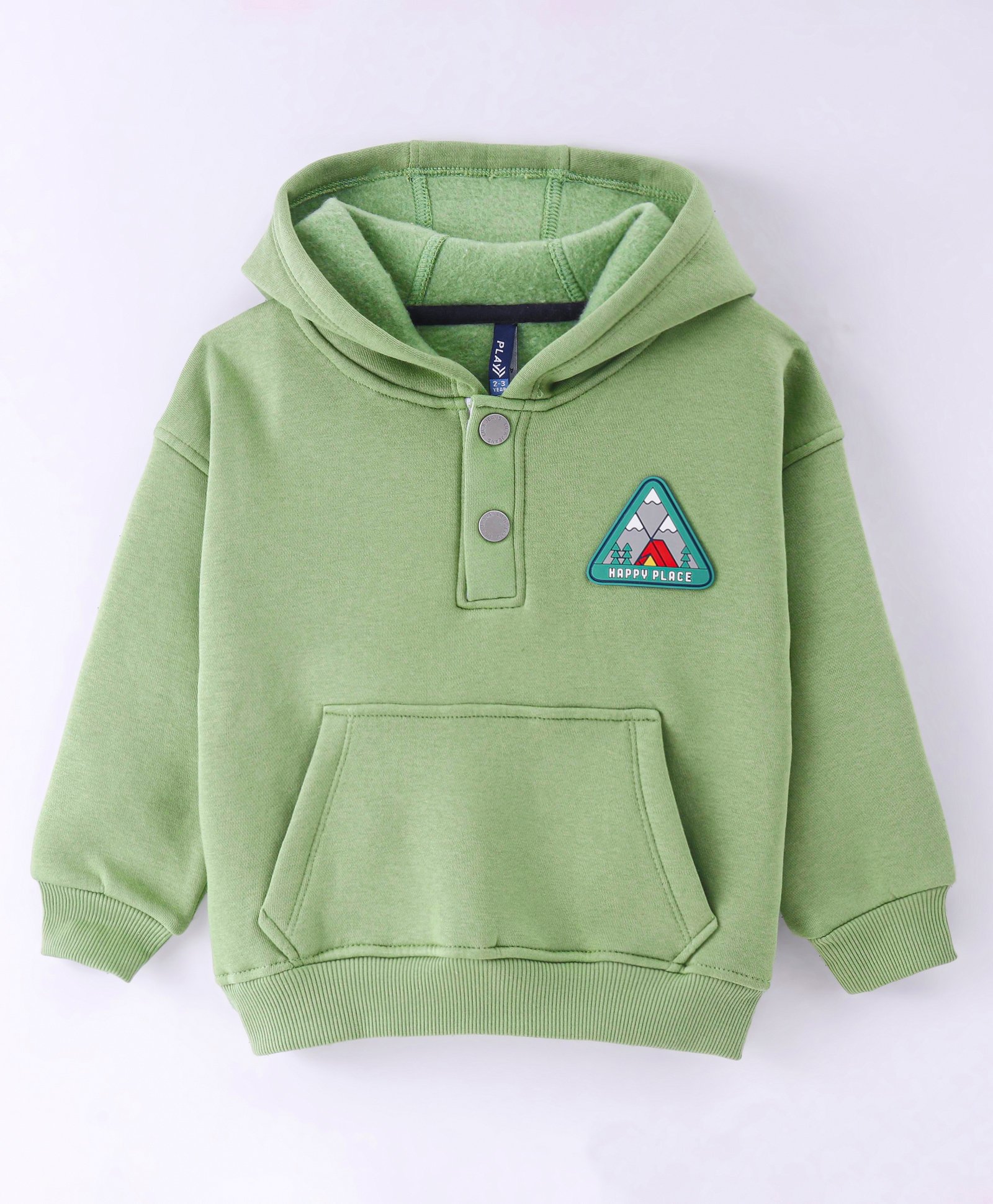 Little Kangaroos Cotton Fleece Knit Full Sleeves Drop Shoulder Hooded Sweatshirt with Patch Detailing & Kangaroo Pockets - Light Green-picture-27
