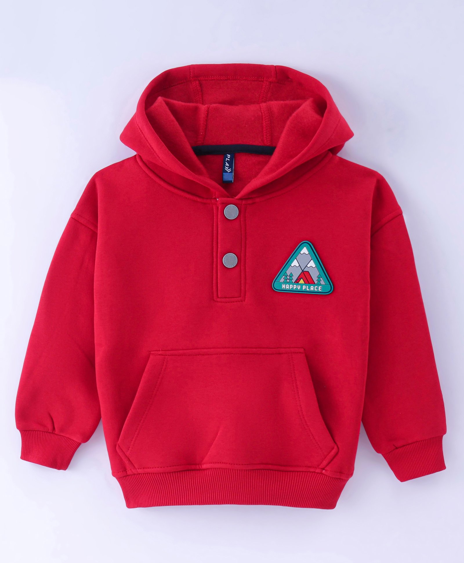 Little Kangaroos Cotton Fleece Knit Full Sleeves Drop Shoulder Hooded Sweatshirt with Patch Detailing & Kangaroo Pockets - Red-picture-23
