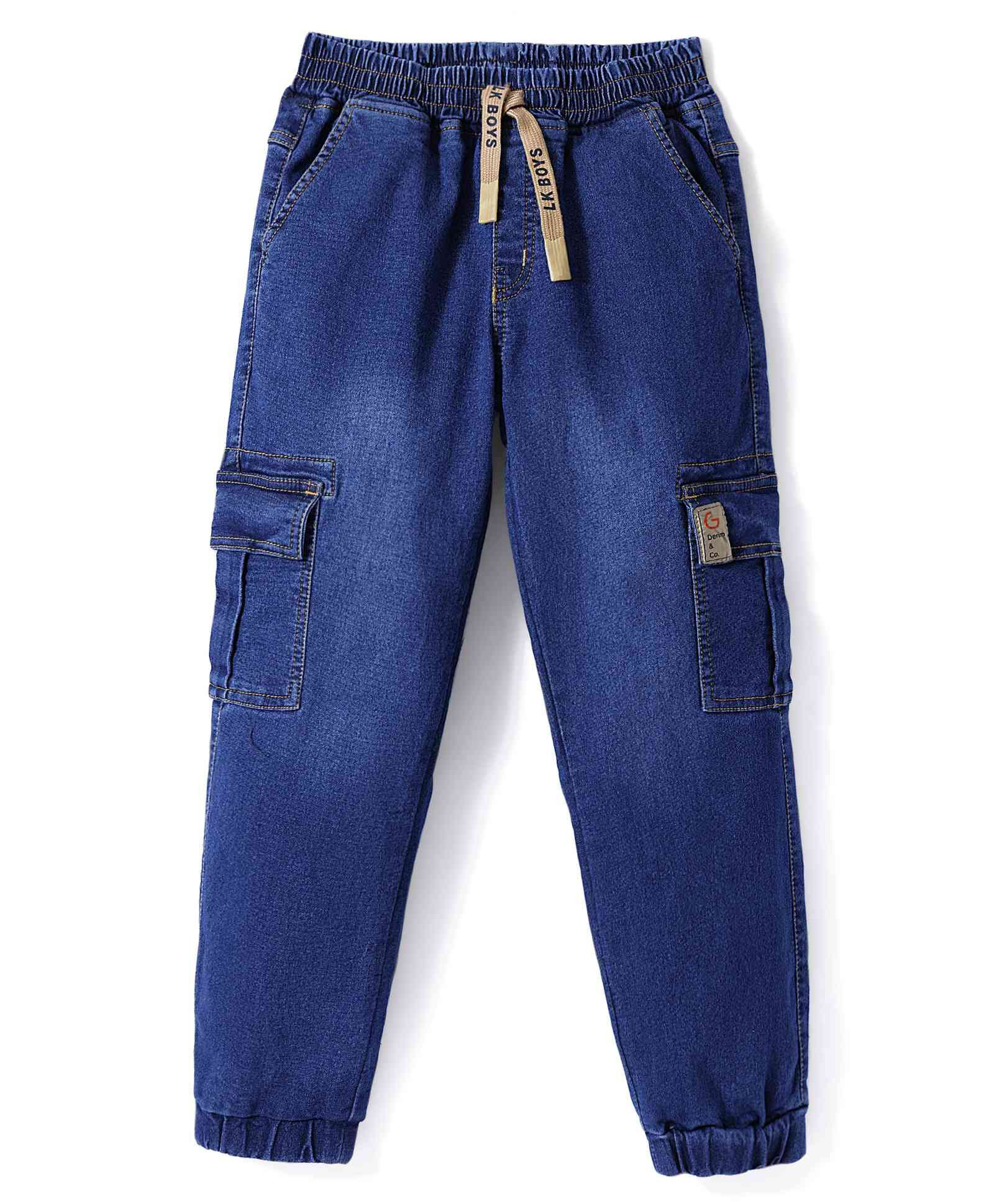 Little Kangaroos 100% Cotton Woven Full Length Denim Jeans with Cargo Pockets Solid Colour -Dark Blue-picture-36