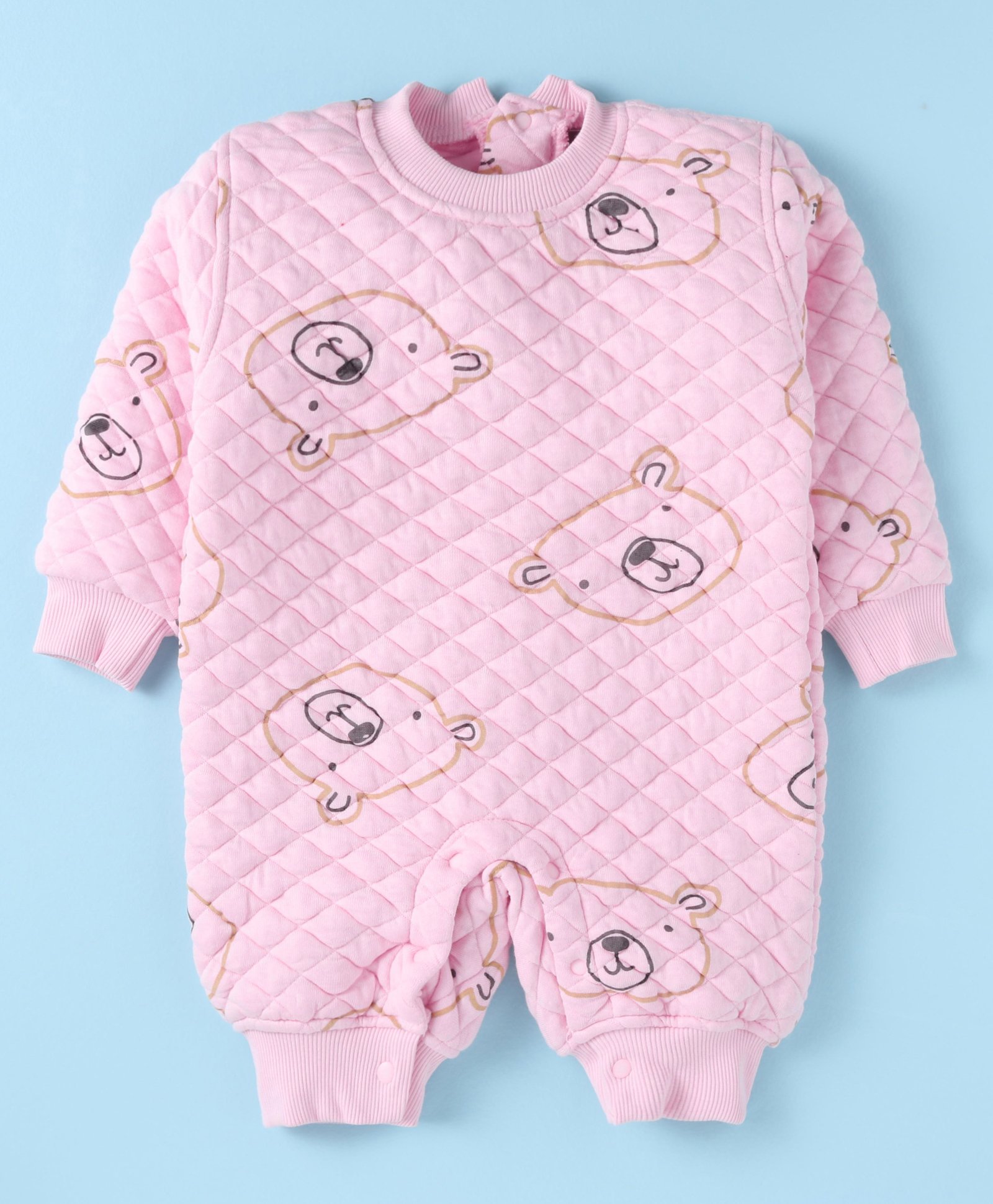 Little Kangaroos Knitted Full Sleeves Romper With Bear Print- Pink-image-6