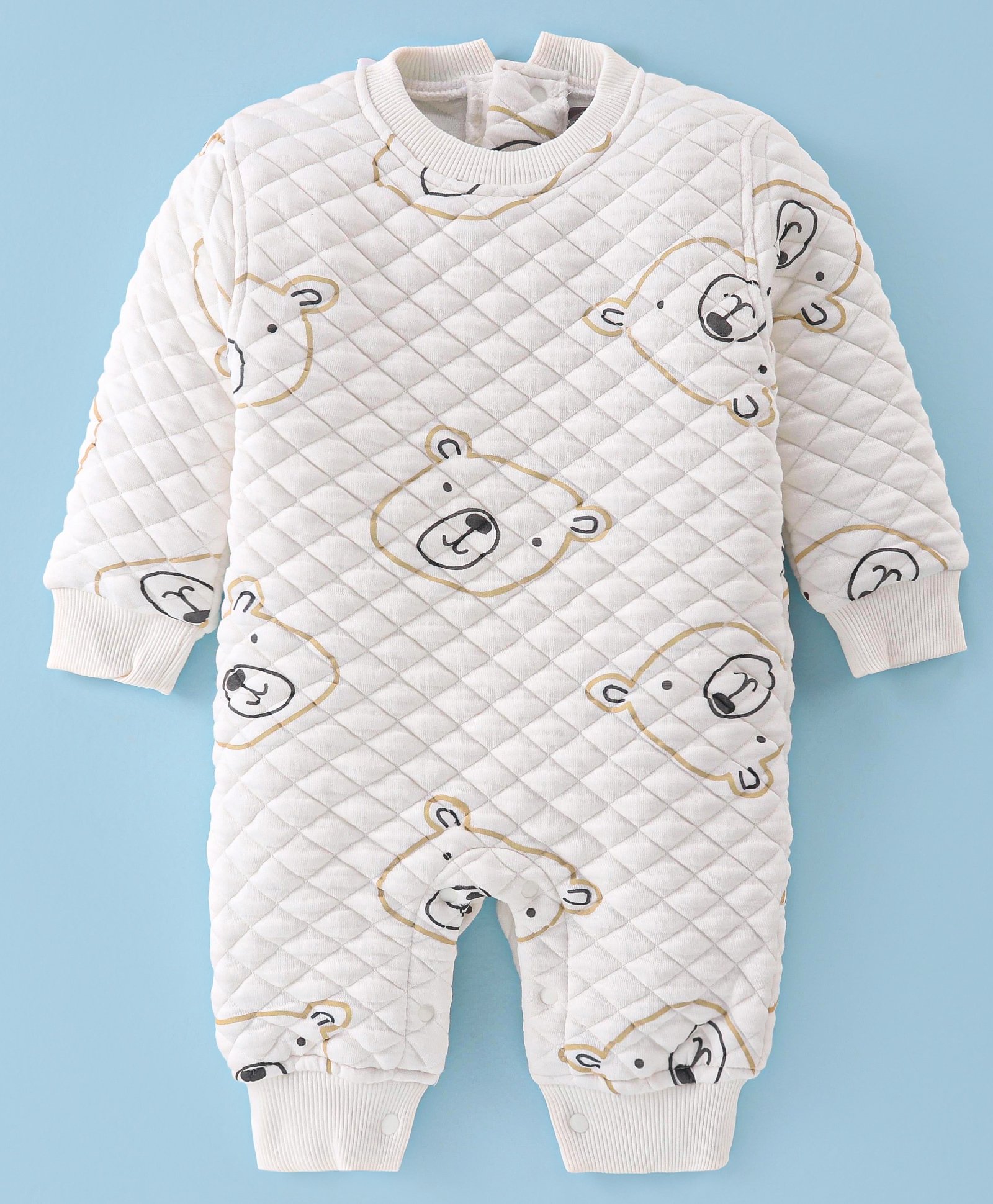 Little Kangaroos Knitted Full Sleeves Romper With Bear Print- Off White-image-7