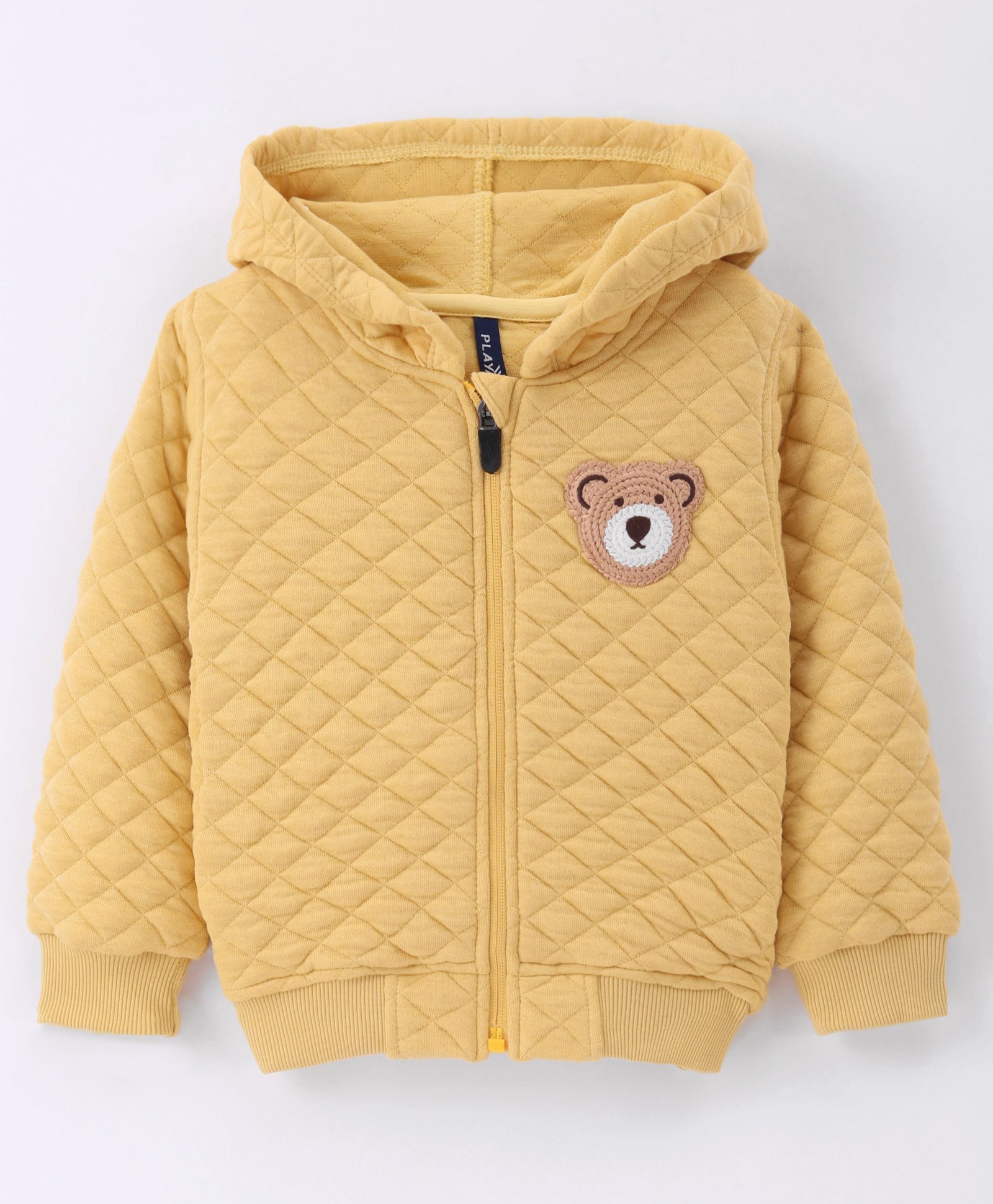 Little Kangaroos Fleece Knit Full Sleeves Front Open Hooded Sweatjacket with Bear Embroidery & Quilted Design - Yellow-picture-14