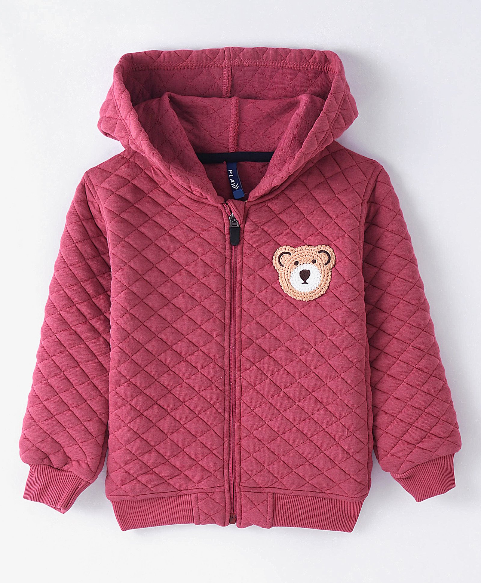 Little Kangaroos Fleece Knit Full Sleeves Front Open Hooded Sweatjacket with Bear Embroidery & Quilted Design - Wine-picture-12