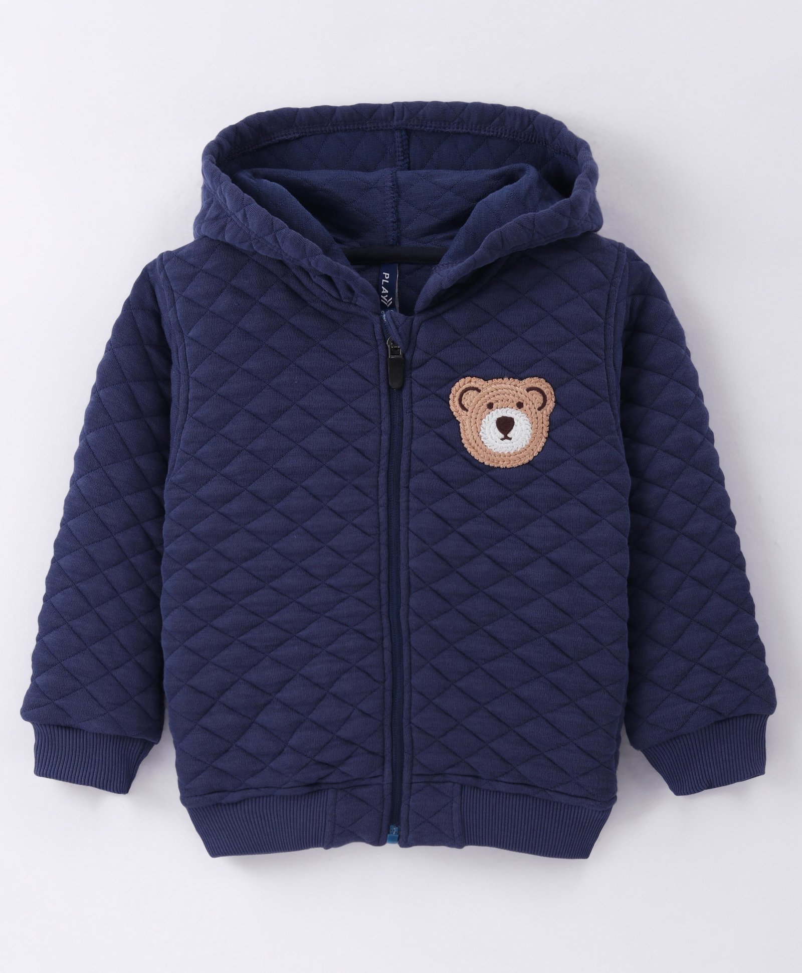 Little Kangaroos Fleece Knit Full Sleeves Front Open Hooded Sweatjacket with Bear Embroidery & Quilted Design - Navy Blue-picture-10