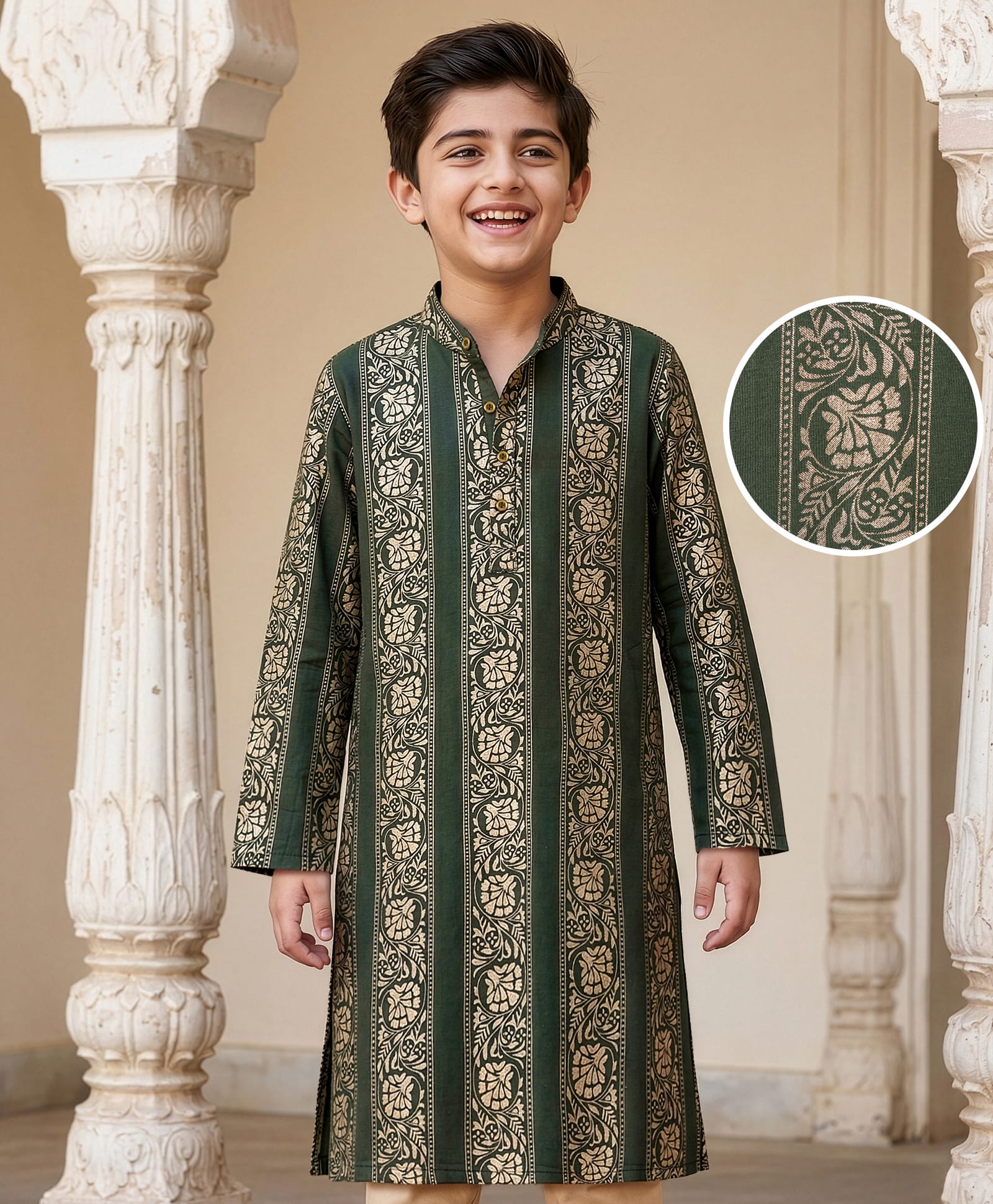 EARTHY TOUCH Single Jersey Knit Full Sleeves Kurta With Floral Foil Print - Green-picture-16