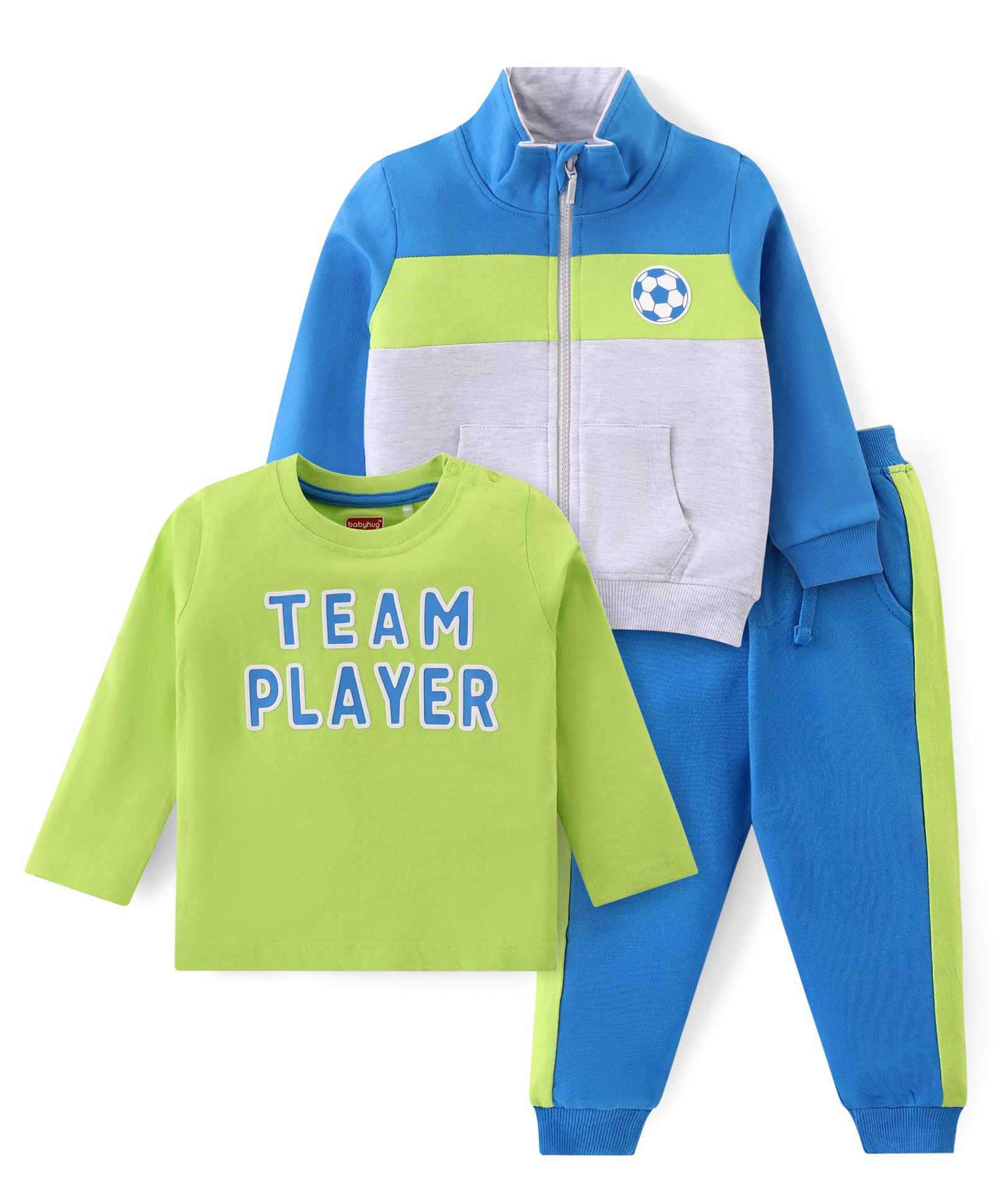 Babyhug Cotton Knit Full Sleeves Front Zipper Sweatshirt With Text Printed T-Shirt & Lounge Pants - Blue Lime & Grey-image-18