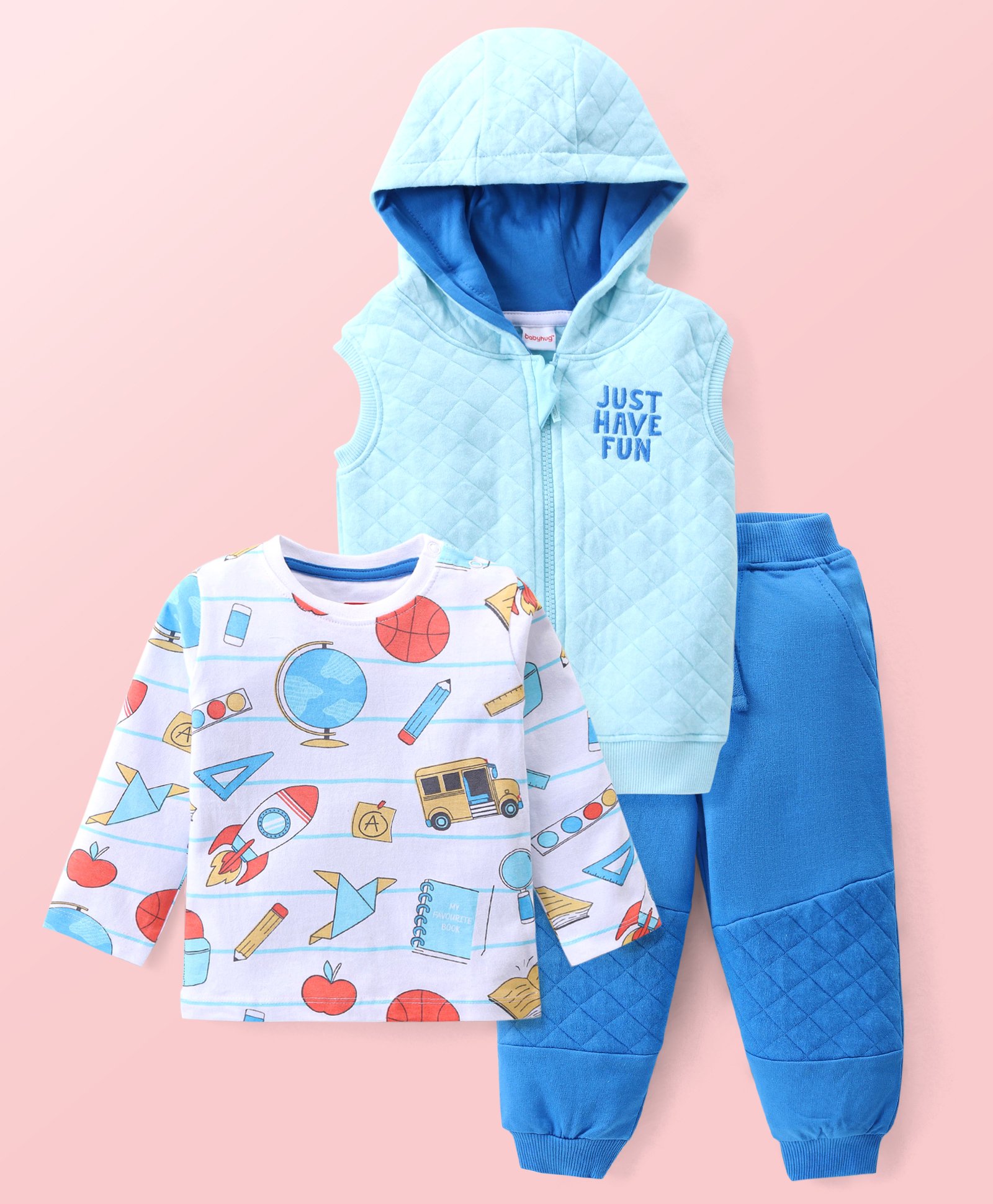 Babyhug Cotton Knit Sleeveless Hooded Front Zipper Jacket With T-Shirt & Lounge Pants Back to School Theme Printed - Blue-picture-10