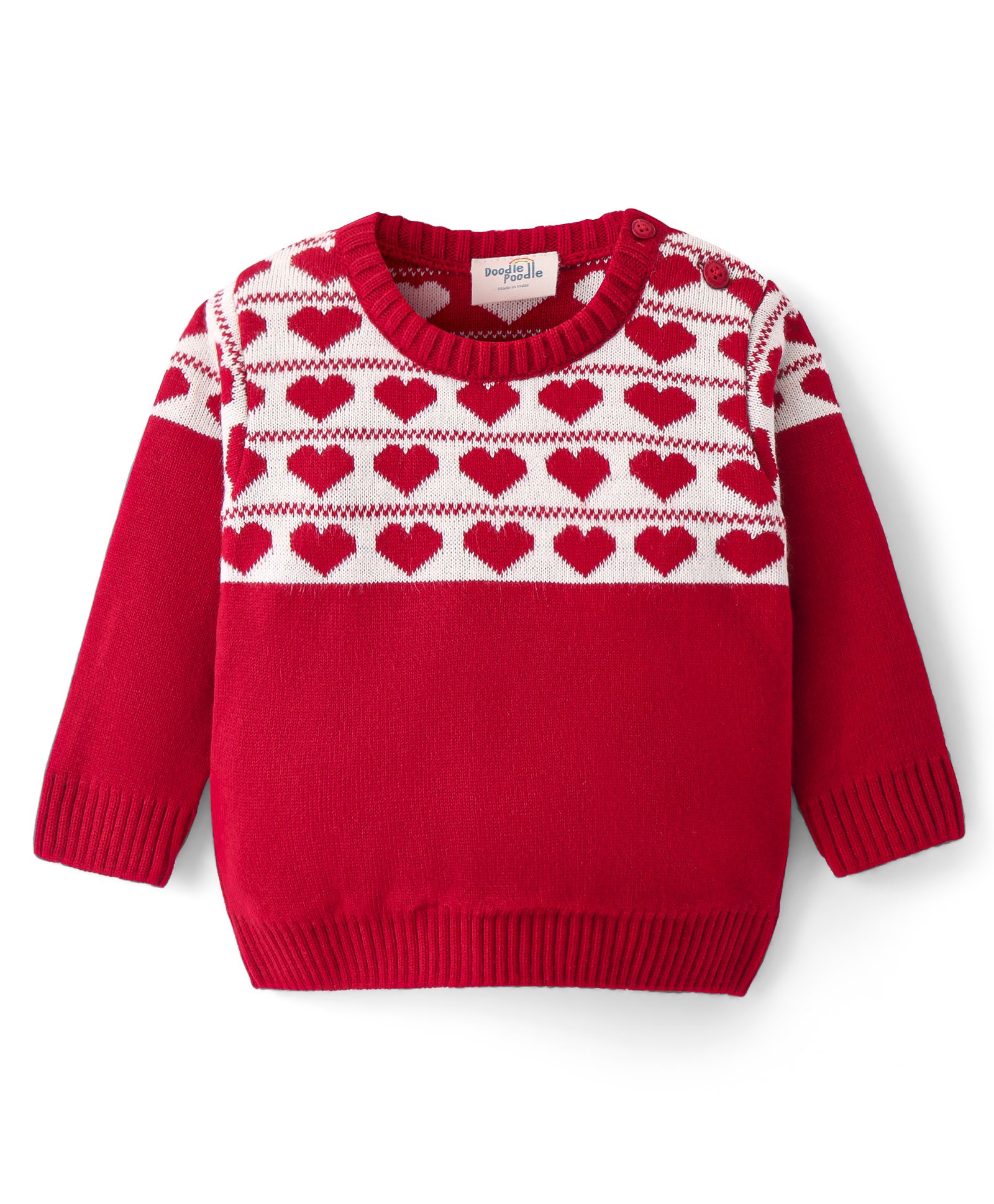 Doodle Poodle Knitted Full Sleeves Pullover Sweater with Jacquard Knit Heart Design - Red-image-30