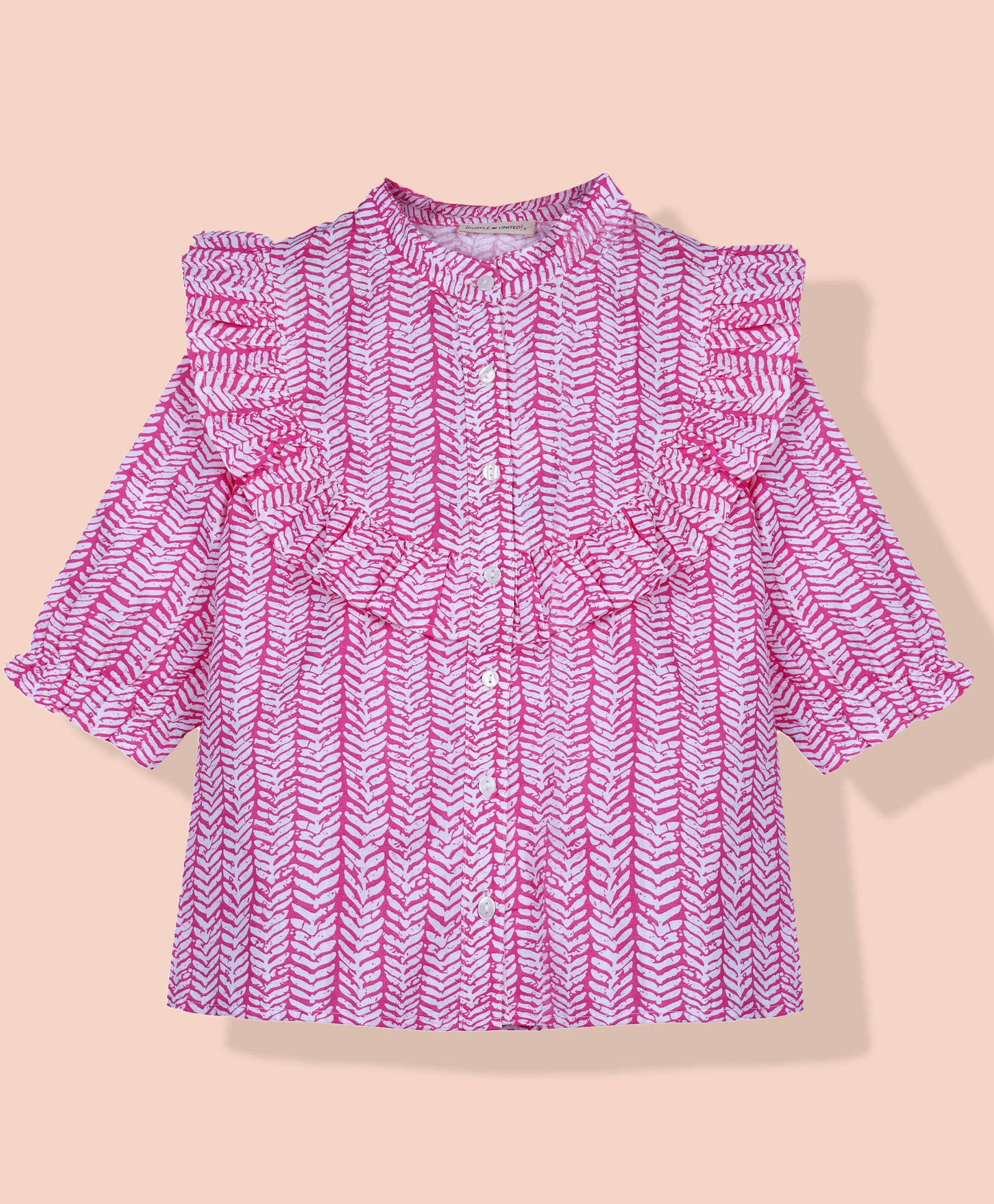 PURPLE UNITED KIDS Full Sleeves Frill Detailed Abstract Printed Top - Pink & White-image-10