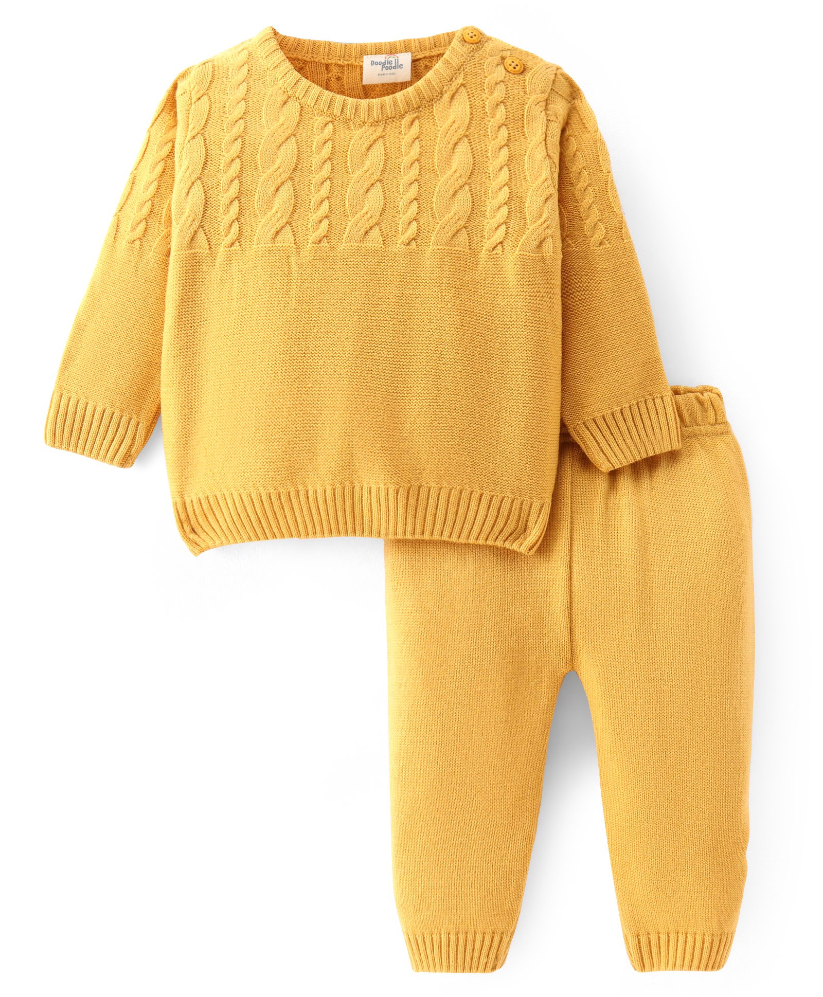Doddle Poodle Full Sleeves Pullover Sweater Set with Cable Knit Design - Mustard-image-32