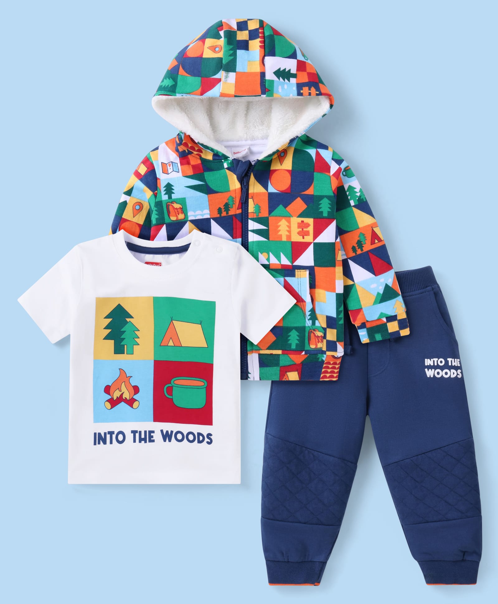 Babyhug Terry Knit Full Sleeves Jungle Theme Printed Hooded Sweatjacket & Lounge Pant Set with T-Shirt - Navy Blue & White-picture-12