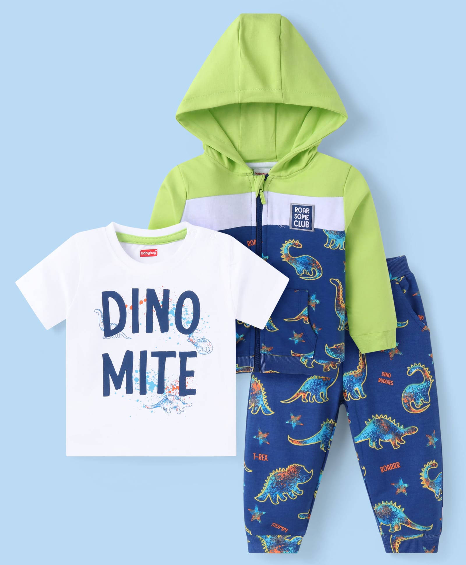 Babyhug Terry Knit Full Sleeves Text & Dino Printed Hooded Sweatjacket & Lounge Pant Set with T-Shirt - Navy Blue & Green-picture-11