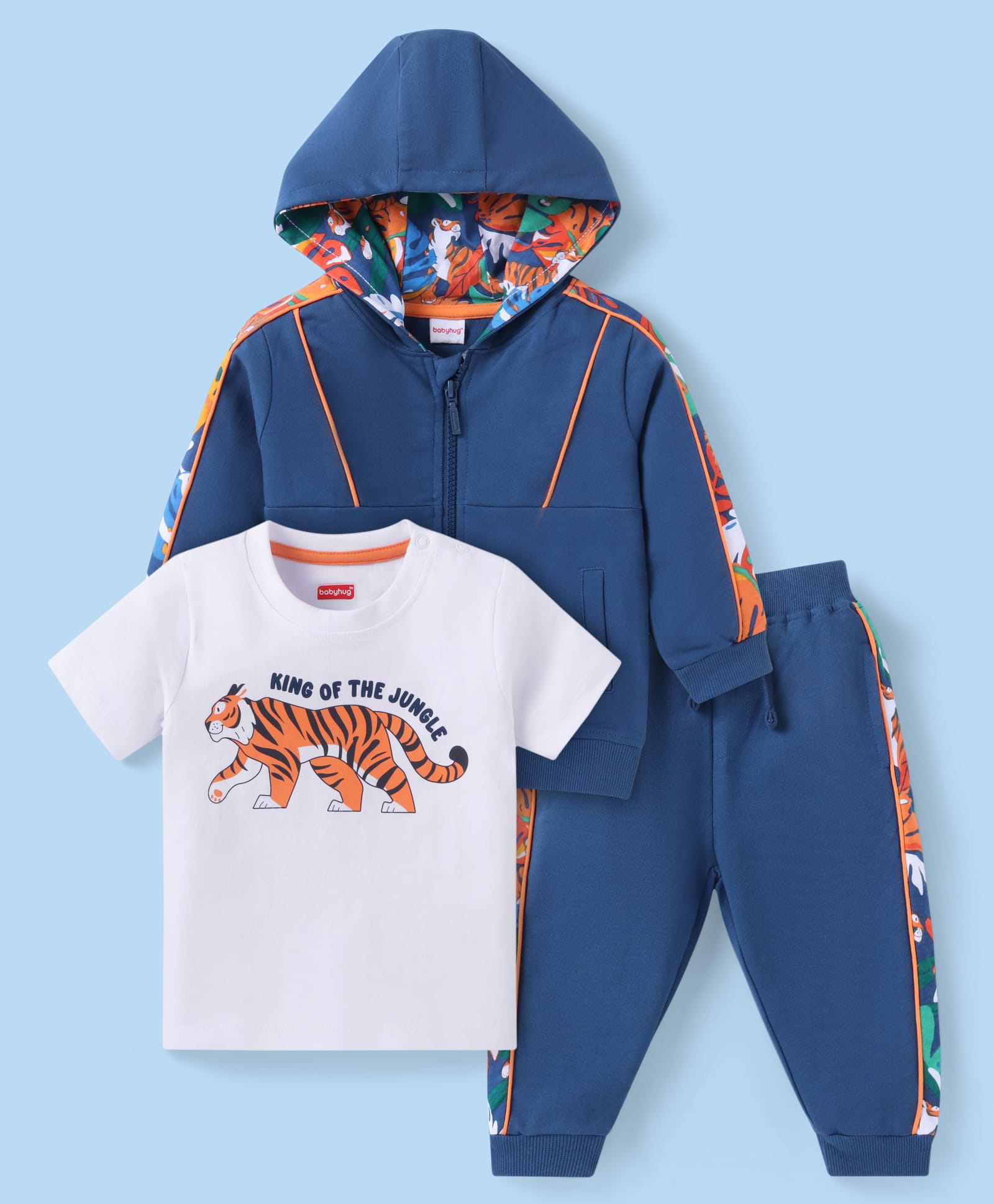 Babyhug Terry Knit Full Sleeves Hooded Jungle & Tiger Printed Sweatjacket & Lounge Pant with T-Shirt - Nay Blue-picture-15