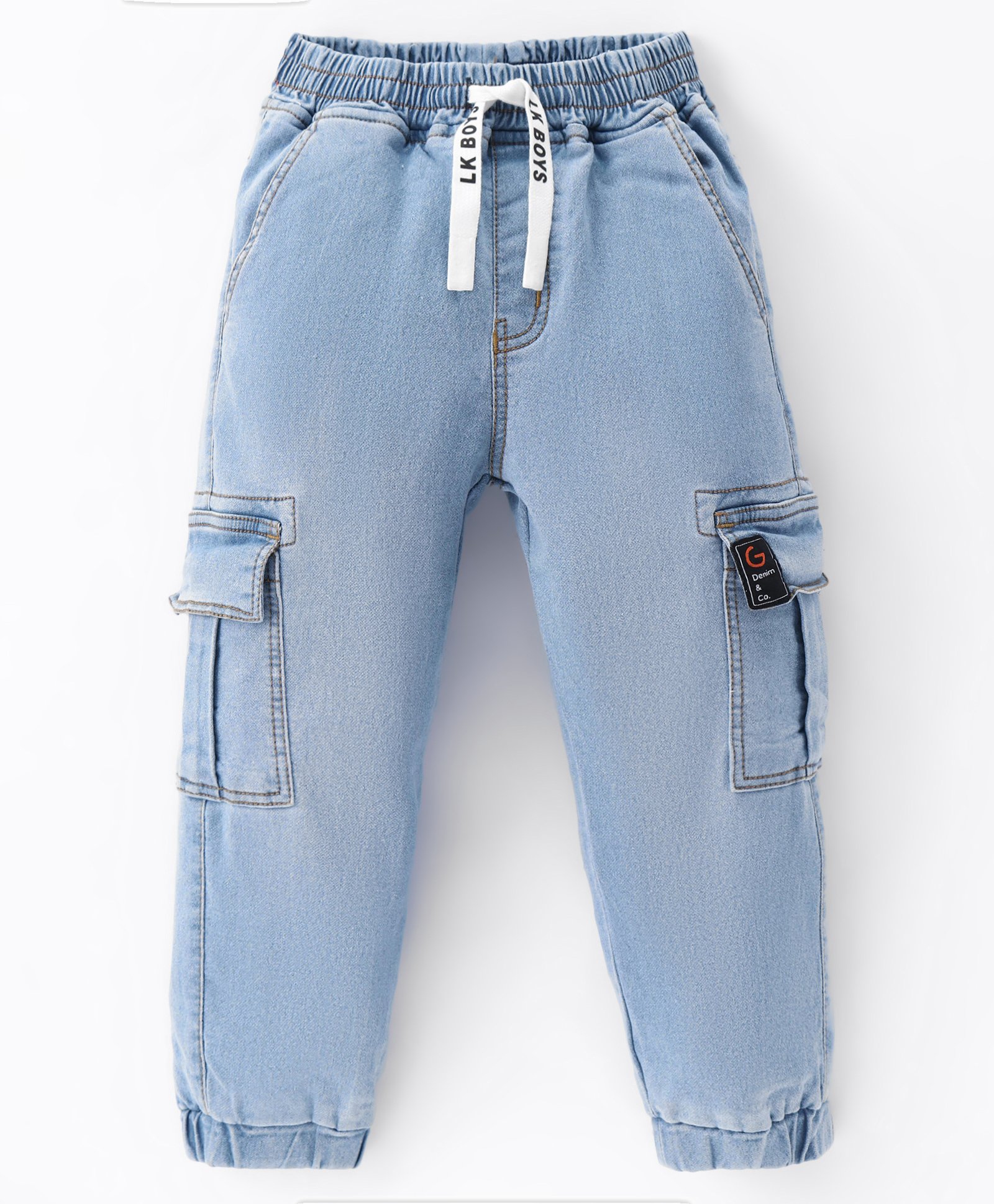 Little Kangaroos 100% Cotton Woven Full Length Denim Jeans with Cargo Pockets Solid Colour -Medium Blue-picture-30