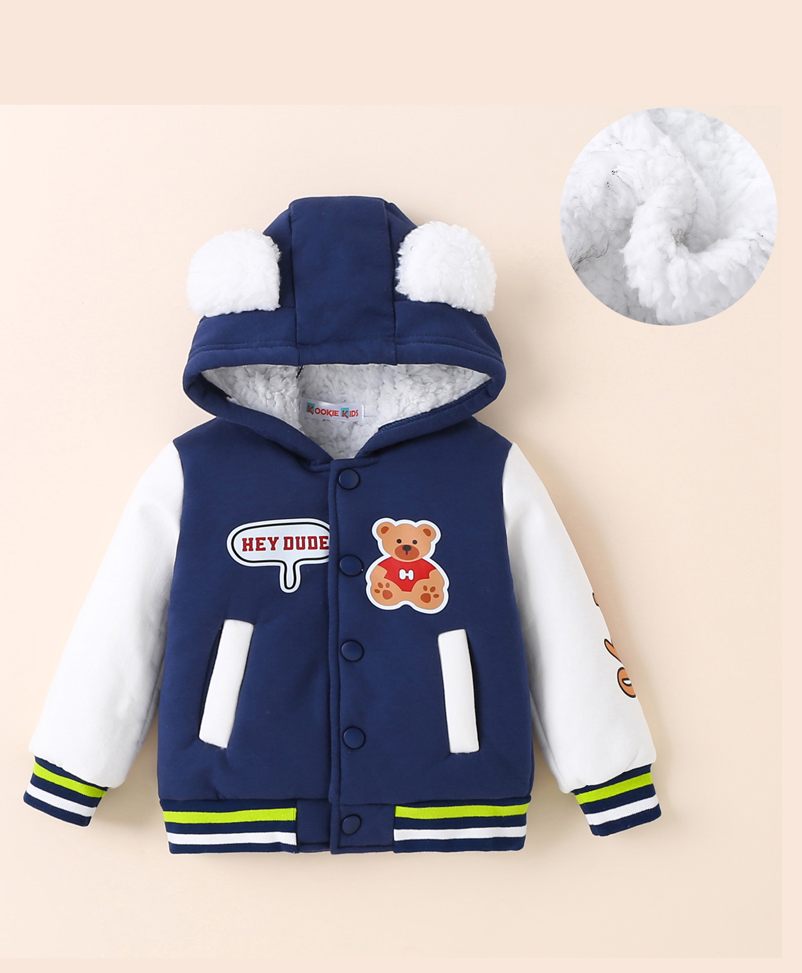 Kookie Kids Full Sleeves Hooded Bomber Jacket With Bear Print & Ears Applique - Navy Blue-image-6
