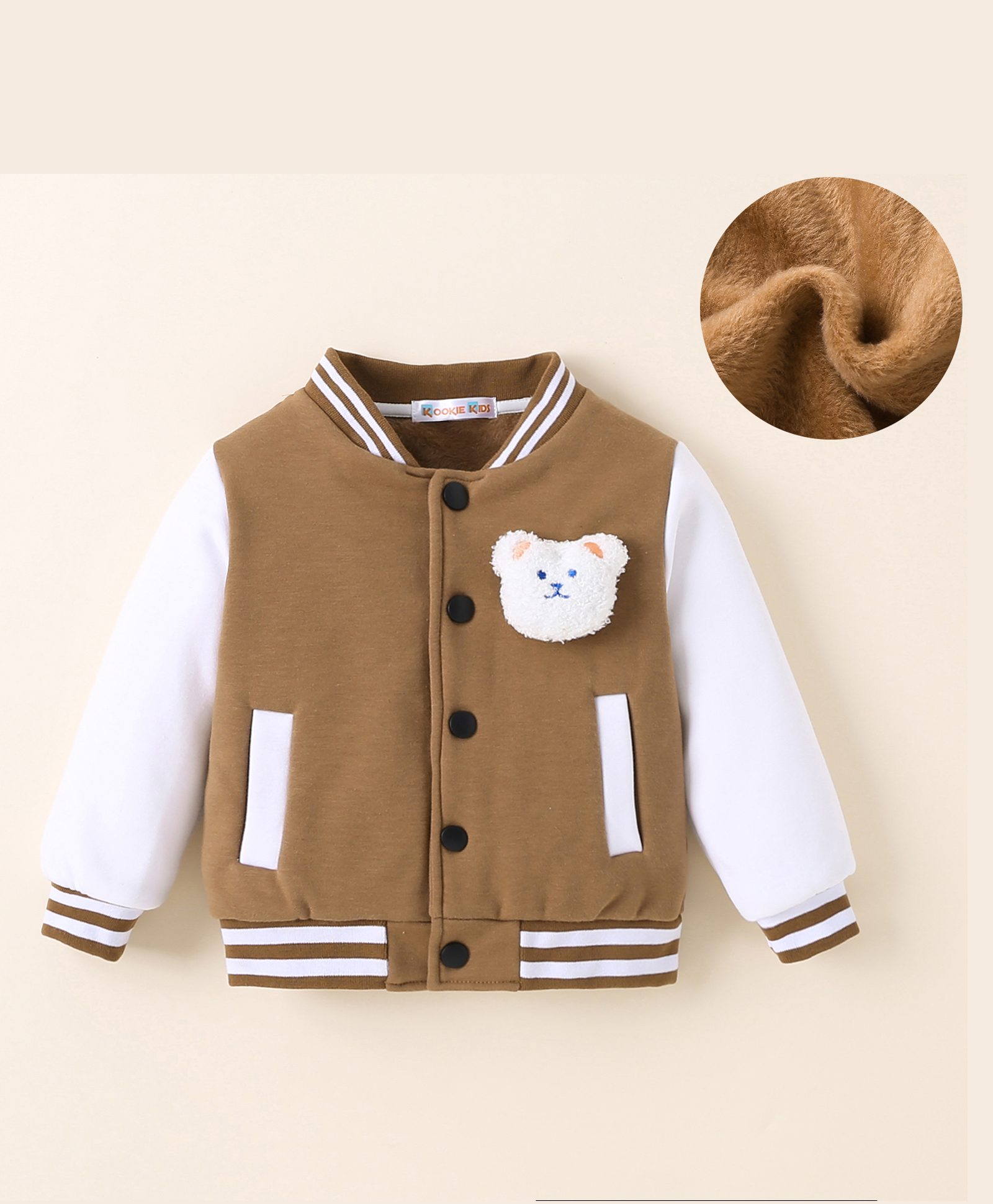 Kookie Kids Full Sleeves Front Open Bomber Jacket with Bear Applique - Brown-picture-37