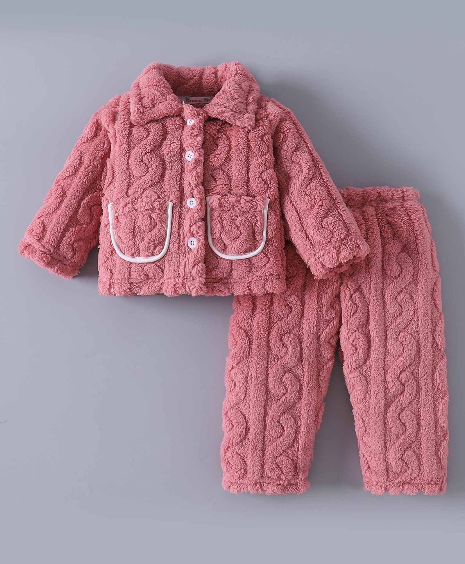 Kookie Kids Full Sleeves Collared Winter Wear Night Suit - Maroon-image-14