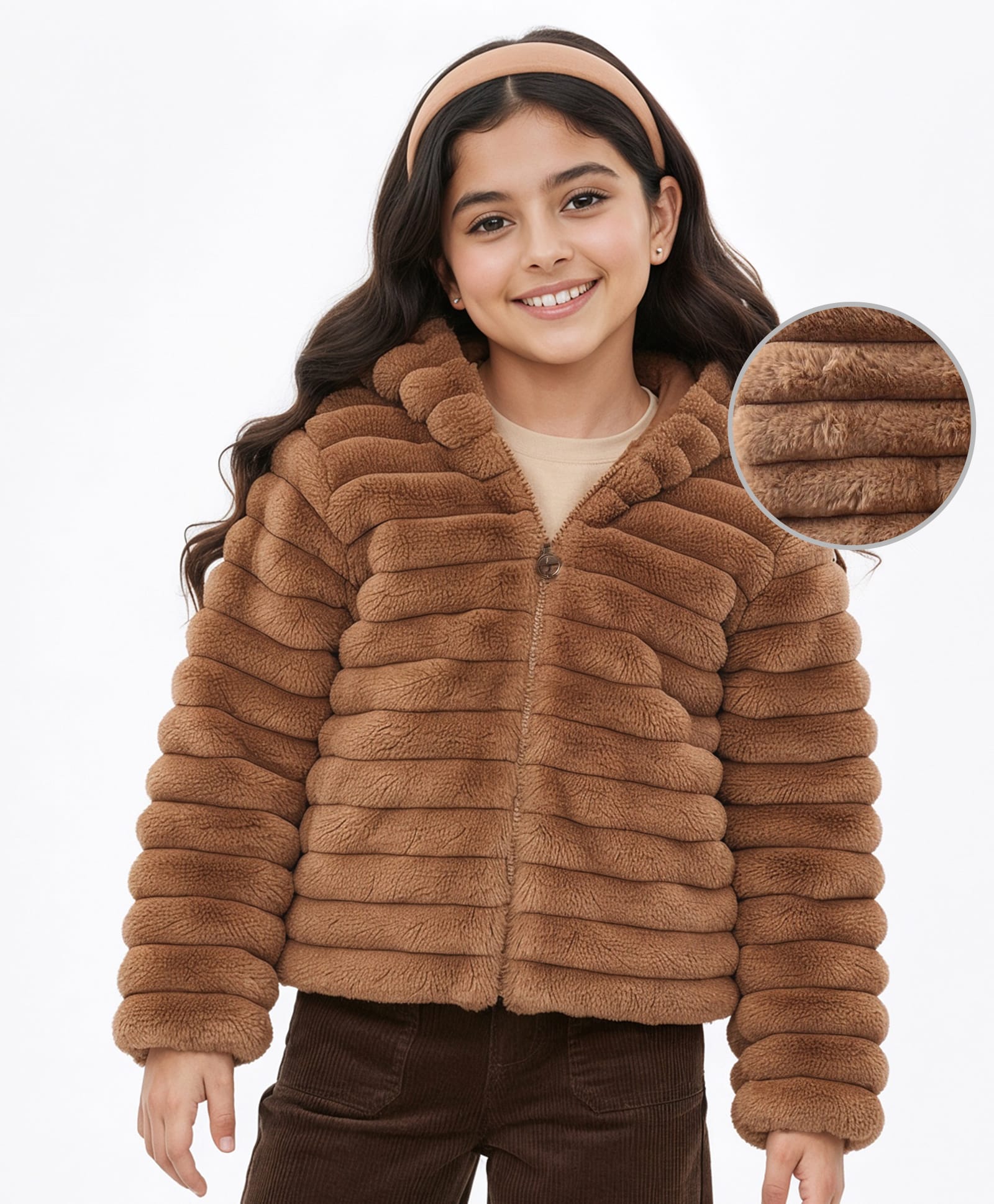 Pine Kids Full Sleeves Hooded Jacket with Stripes & Fur Design - Beige-image-24