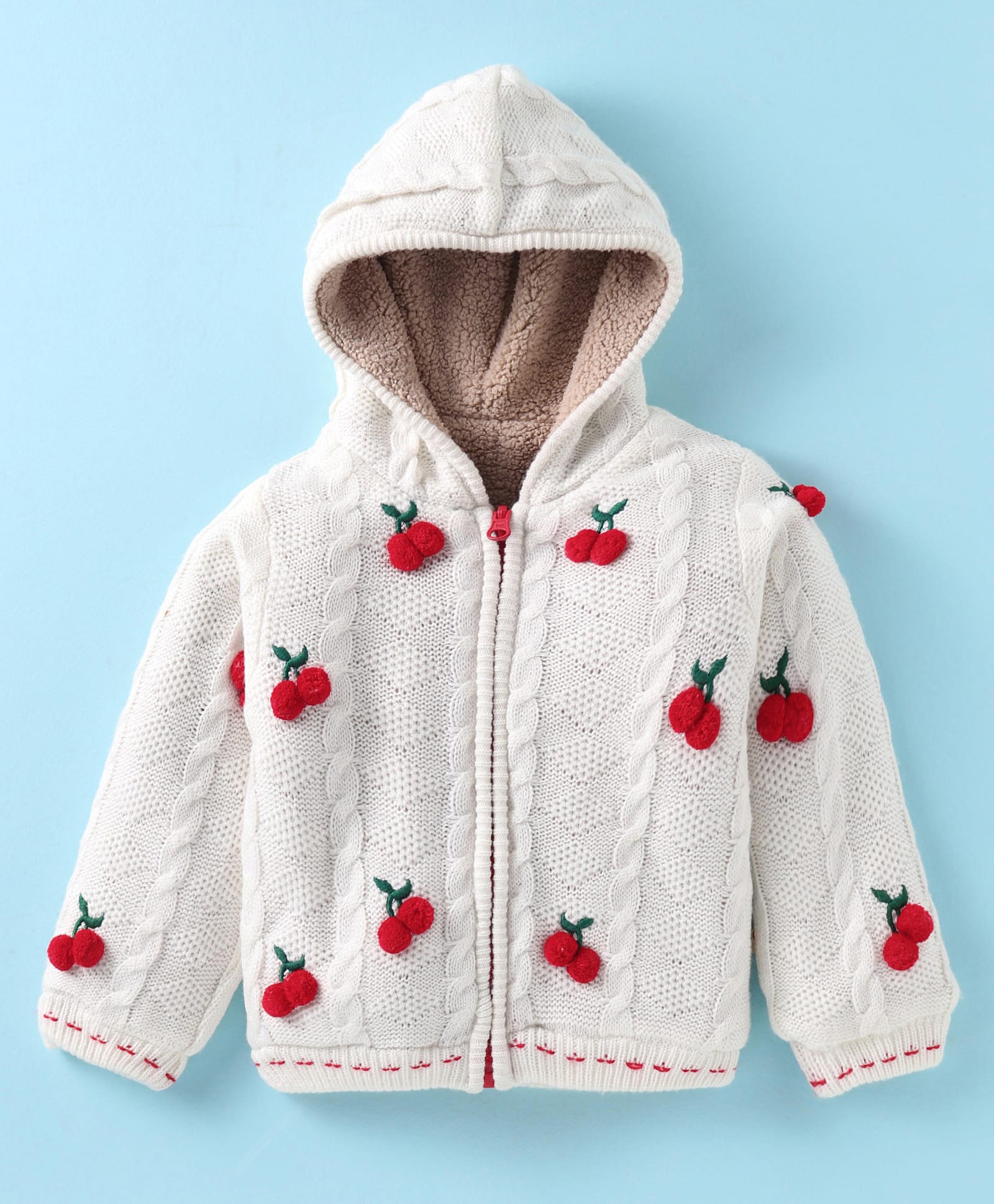 Yellow Apple Knit Full Sleeves Hooded Sweater with Cable Knit Design & Cherry Applique - Off White-image-22