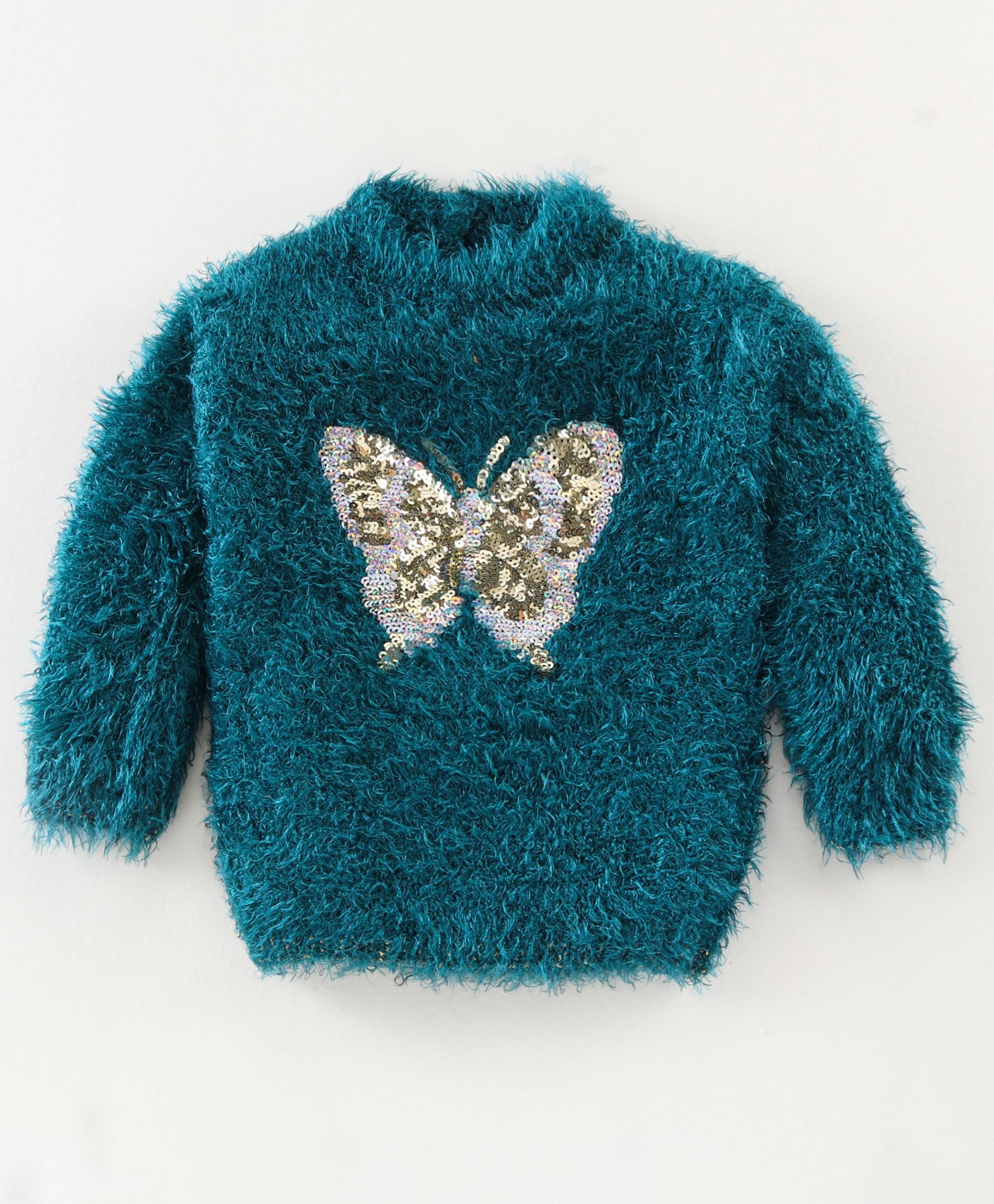 Yellow Apple Knit Full Sleeves Pullover Sweater with Skivi Neck & Butterfly Design - Teal-image-27