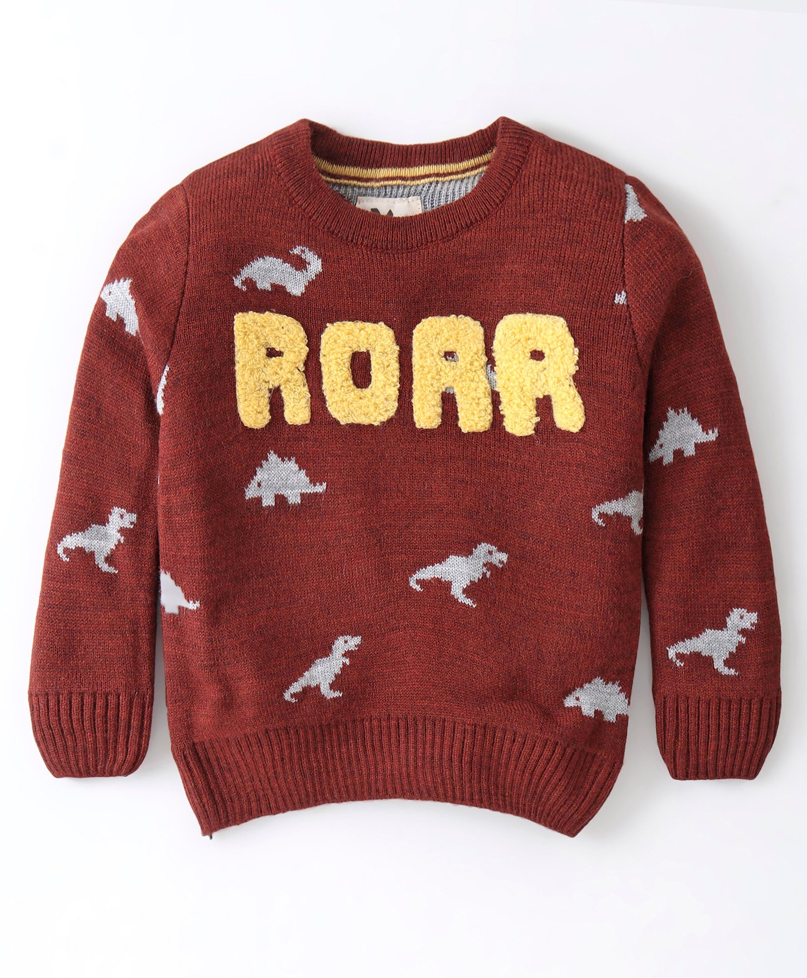 Yellow Apple Knitted Full Sleeves Pullover Sweater With Colour Dino Design & Text Embroidery - Rust-image-4